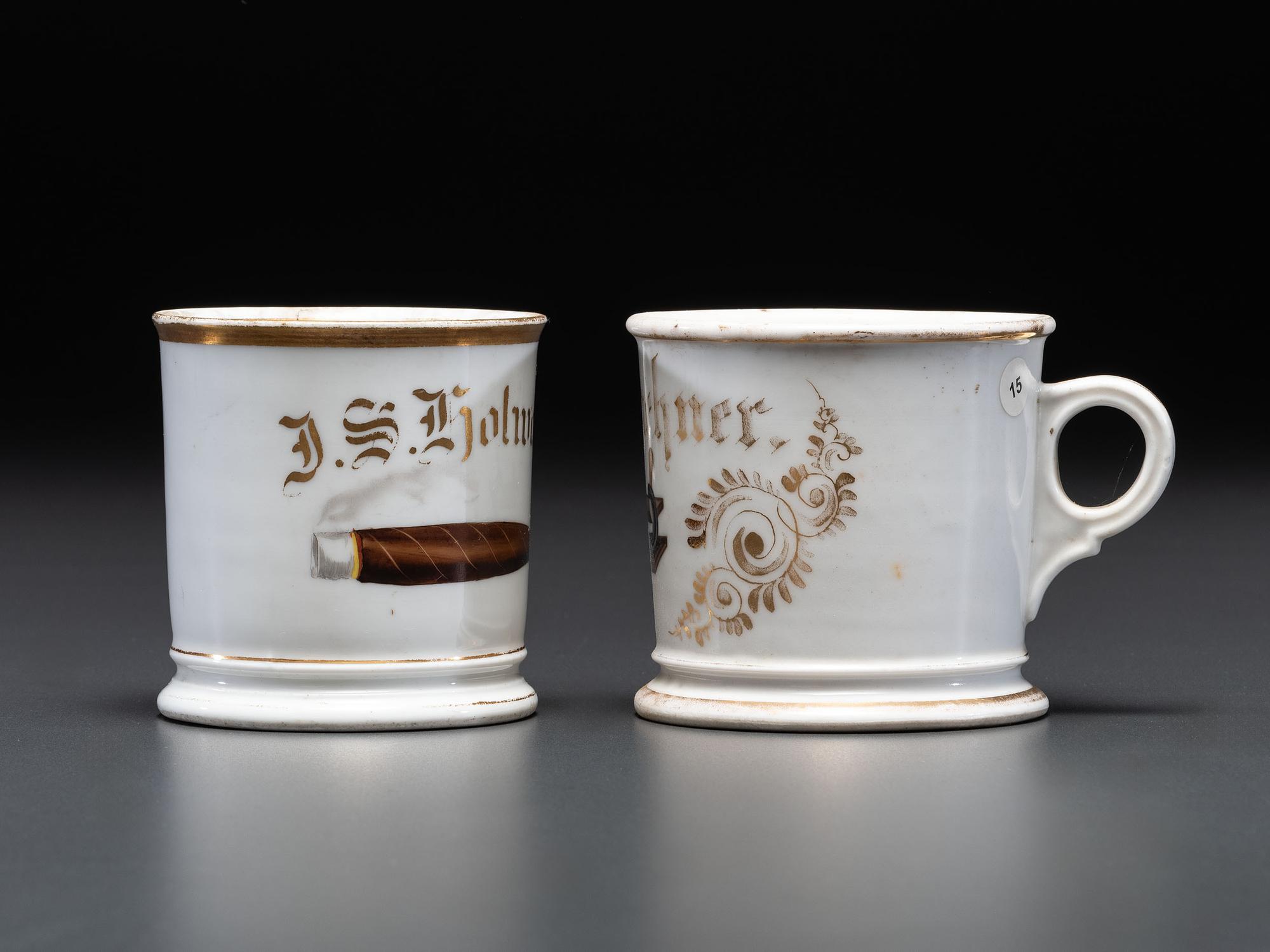 Two Tobacco Related Porcelain Occupational Shaving Mugs