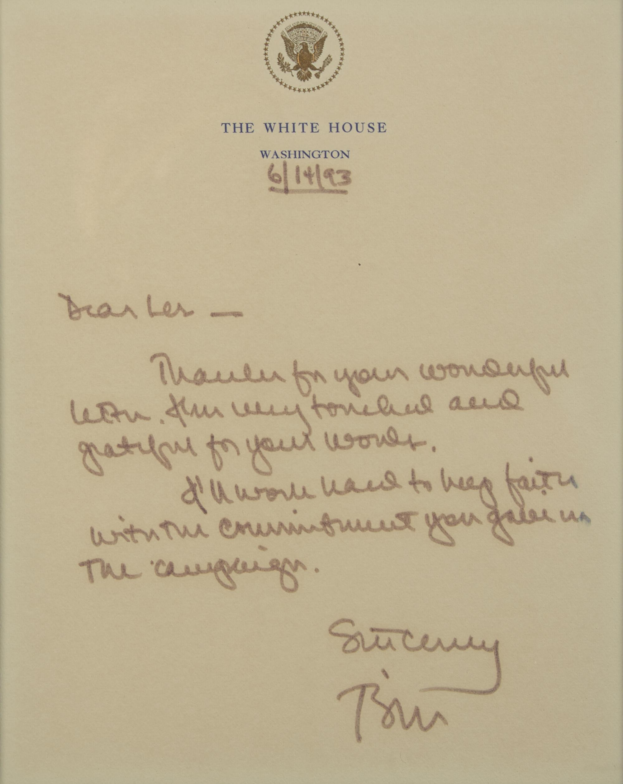 [Presidential] Clinton, Bill. Autograph Letter, signed