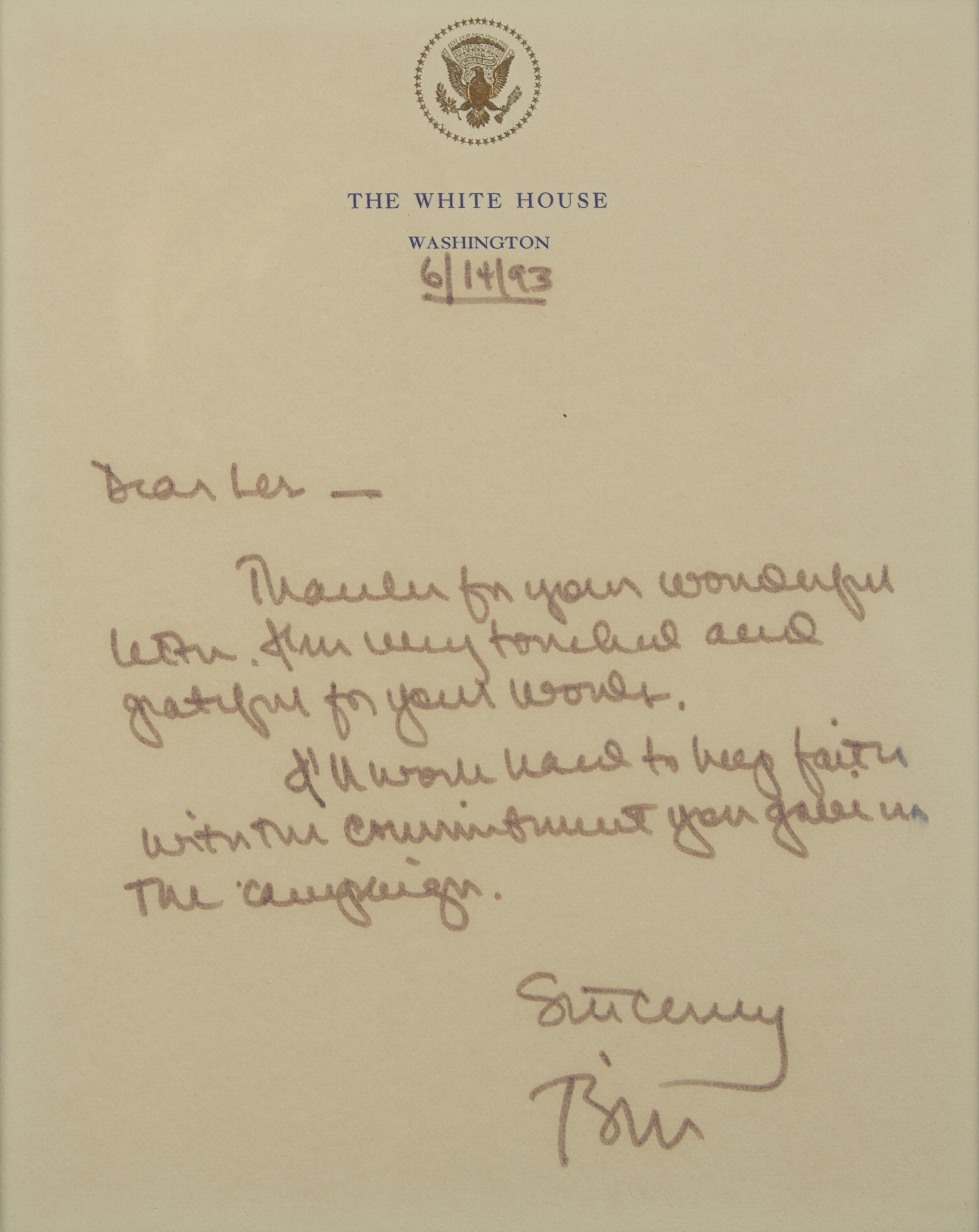 [Presidential] Clinton, Bill. Autograph Letter, signed
