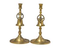 A Pair of Brass Tavern Candlesticks with Service Bell, England, Circa 1840