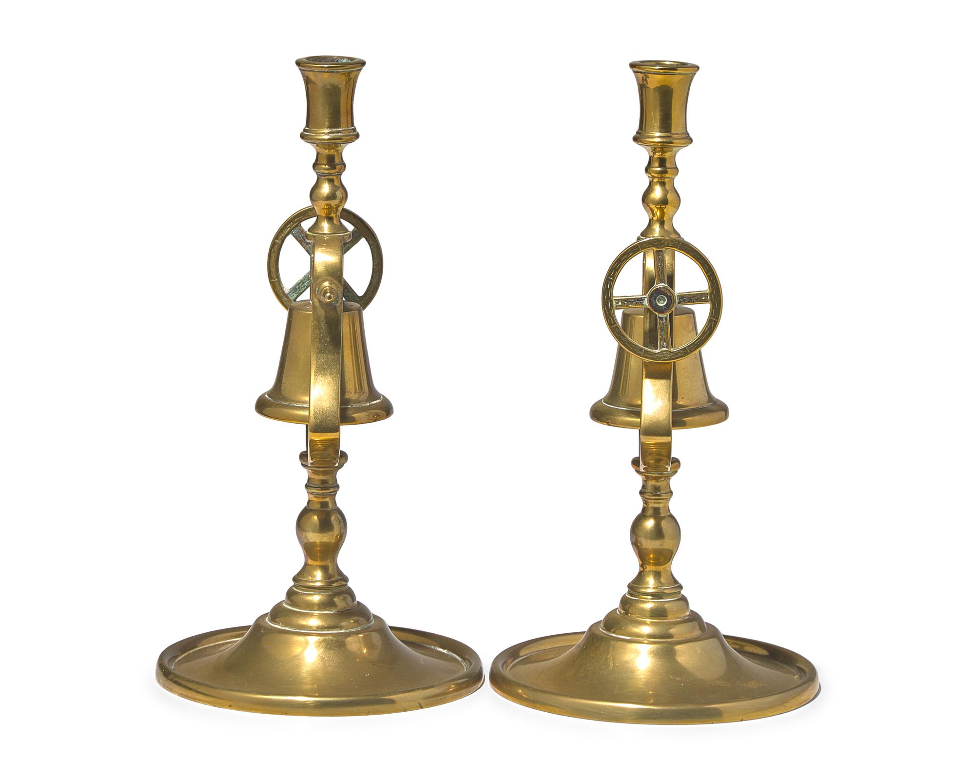 A Pair of Brass Tavern Candlesticks with Service Bell, England, Circa 1840
