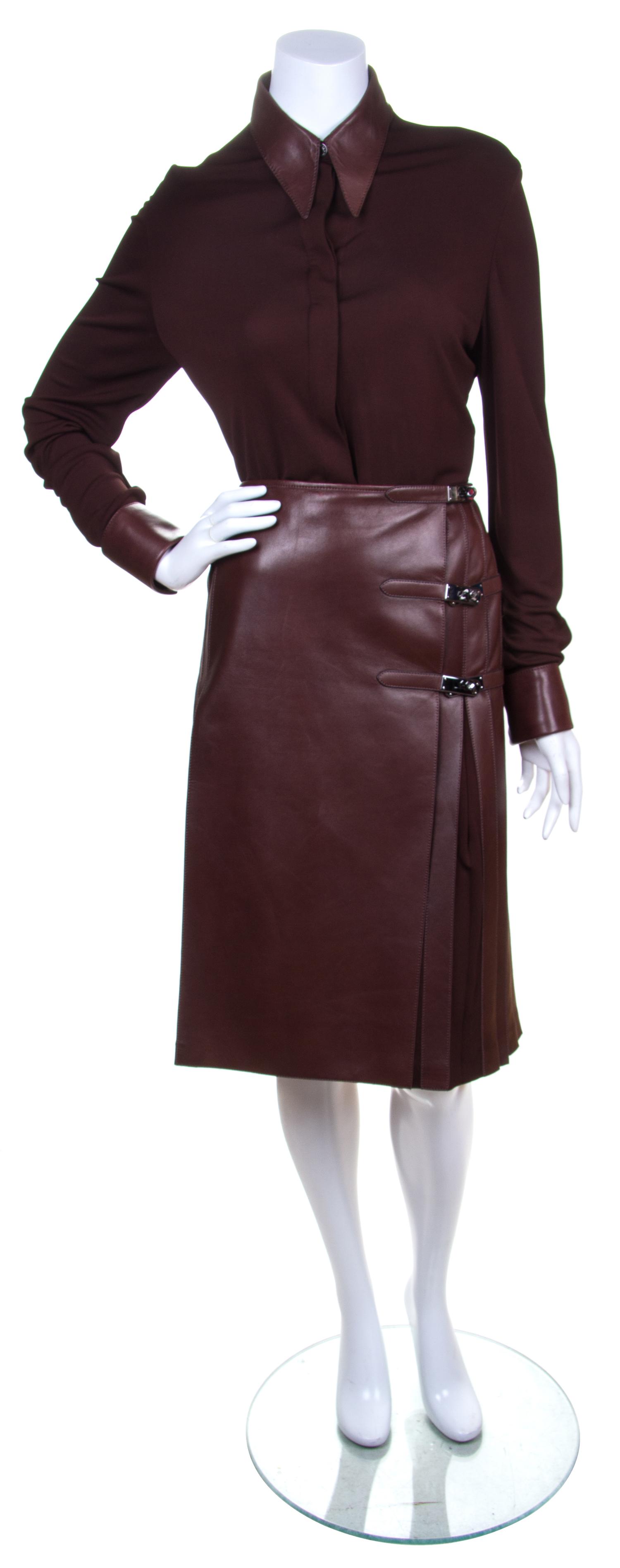 An Hermes Brown Leather Skirt Ensemble, Skirt size 38.