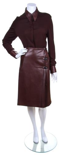 An Hermes Brown Leather Skirt Ensemble, Skirt size 38.