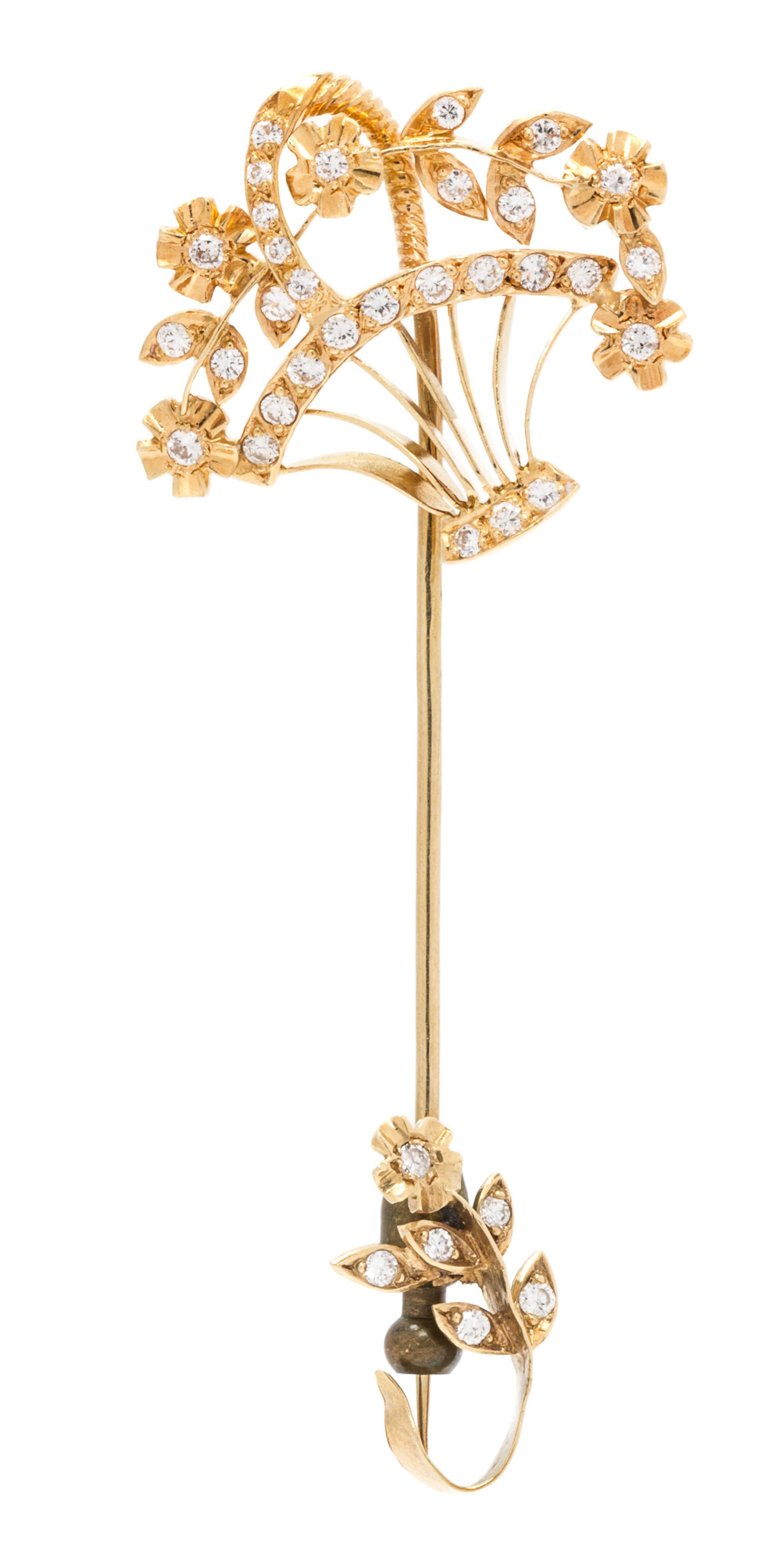 An 18 Karat Yellow Gold and Diamond Flower Basket Motif Jabot, 3.90 dwts.