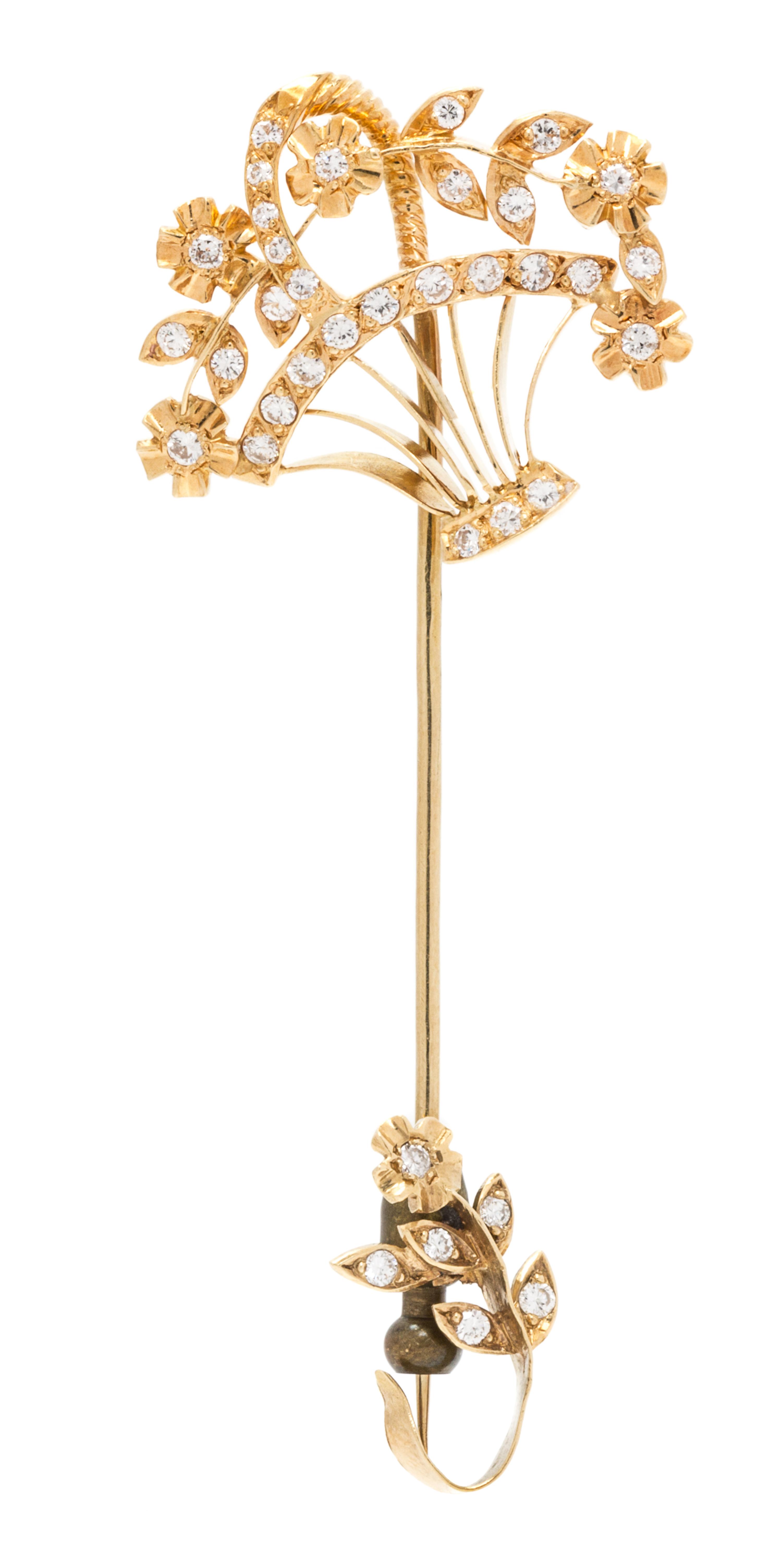 An 18 Karat Yellow Gold and Diamond Flower Basket Motif Jabot, 3.90 dwts.