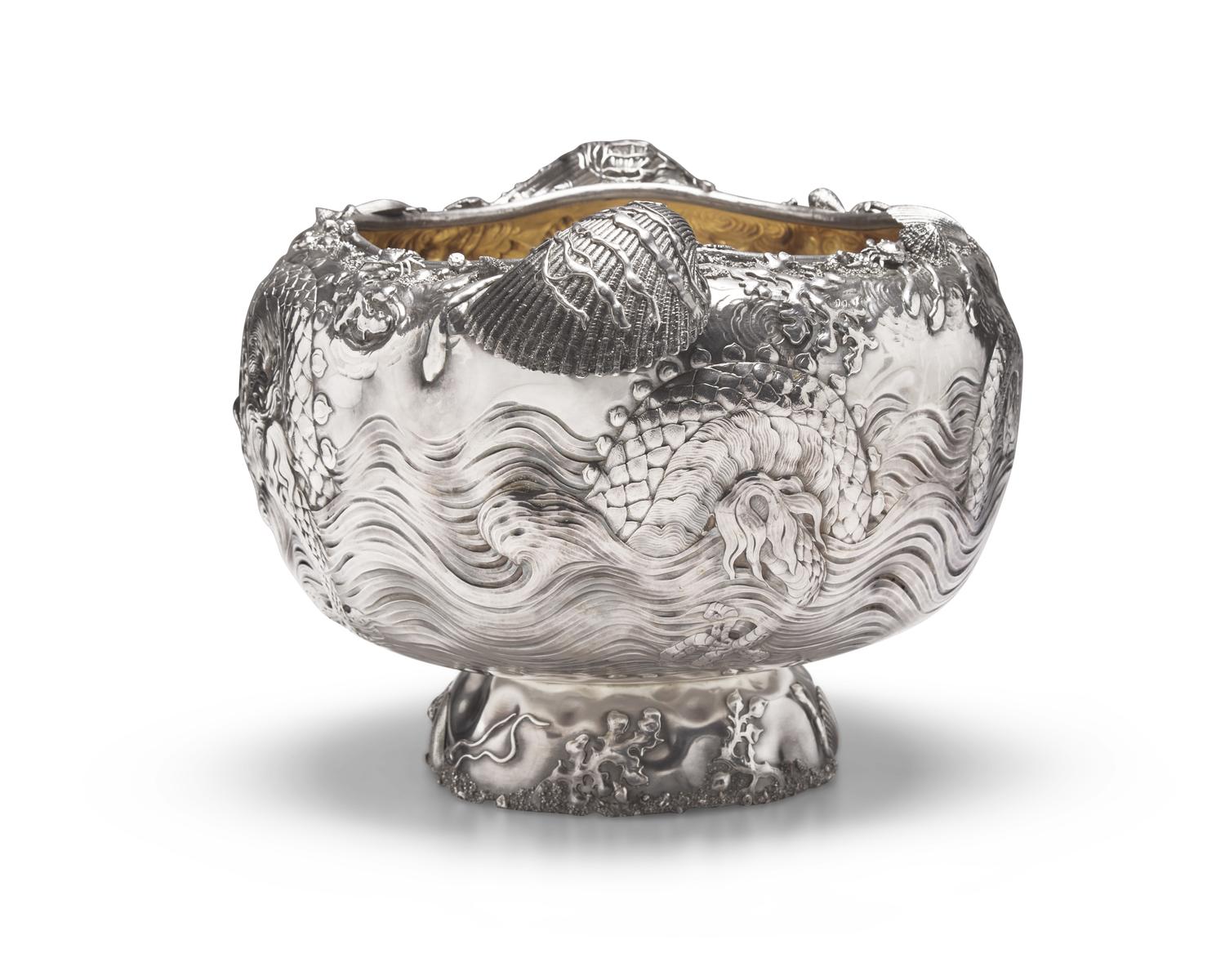 A Rare and Monumental Sterling Silver Japonesque Punch Bowl
