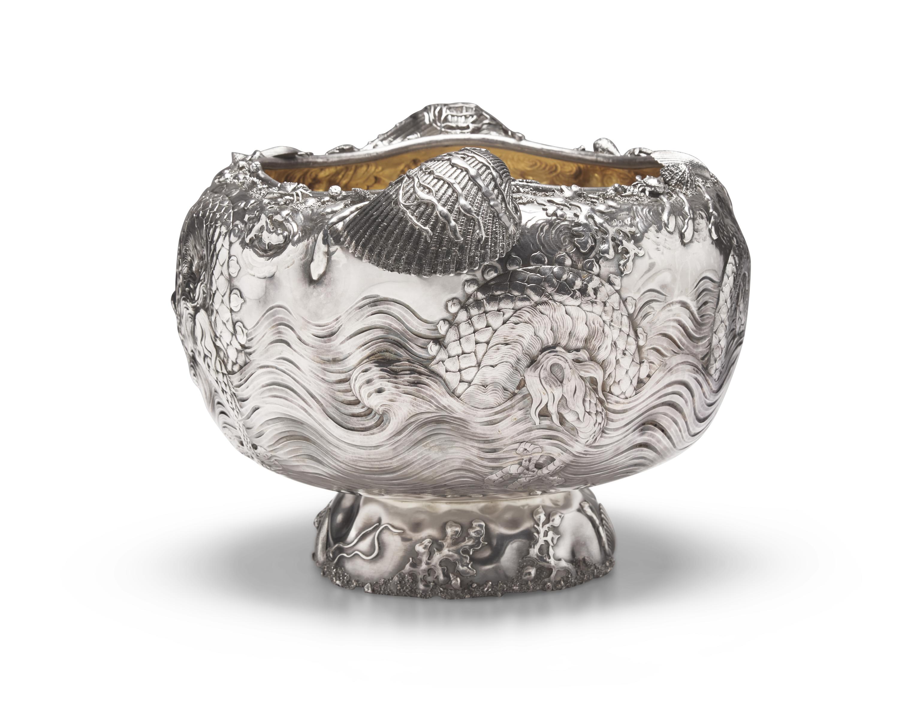 A Rare and Monumental Sterling Silver Japonesque Punch Bowl