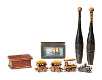 Five Carved and Painted Wood Toys and Boxes