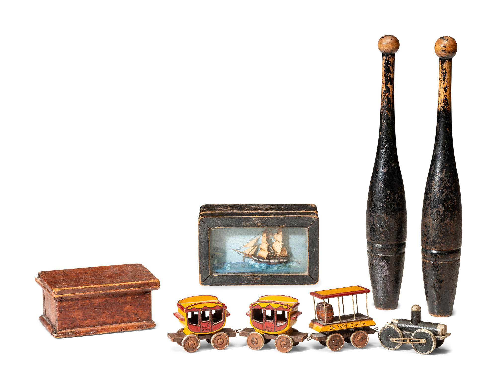 Five Carved and Painted Wood Toys and Boxes