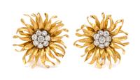 A Pair of Yellow Gold and Diamond Flower Motif Earclips, 9.70 dwts.