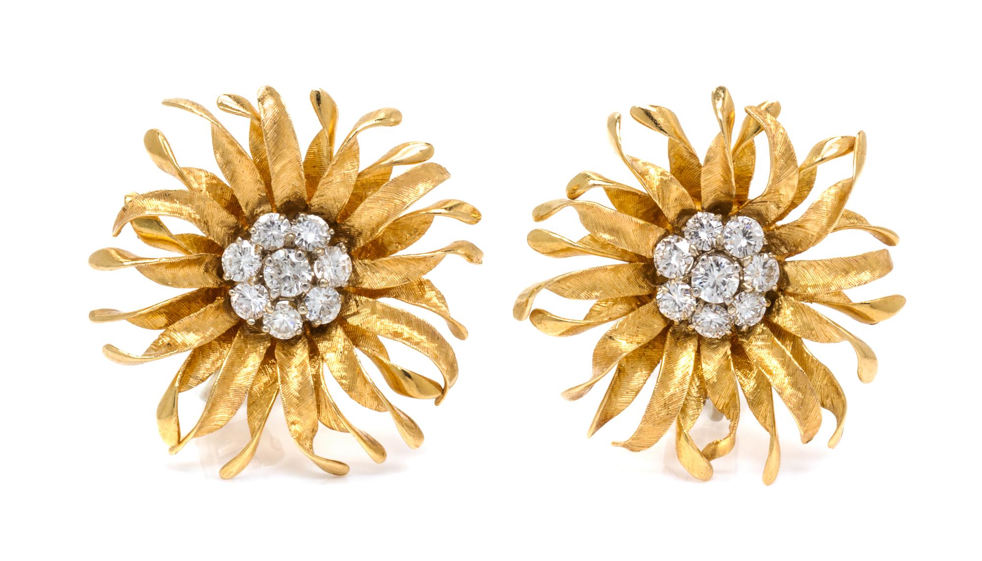 A Pair of Yellow Gold and Diamond Flower Motif Earclips, 9.70 dwts.