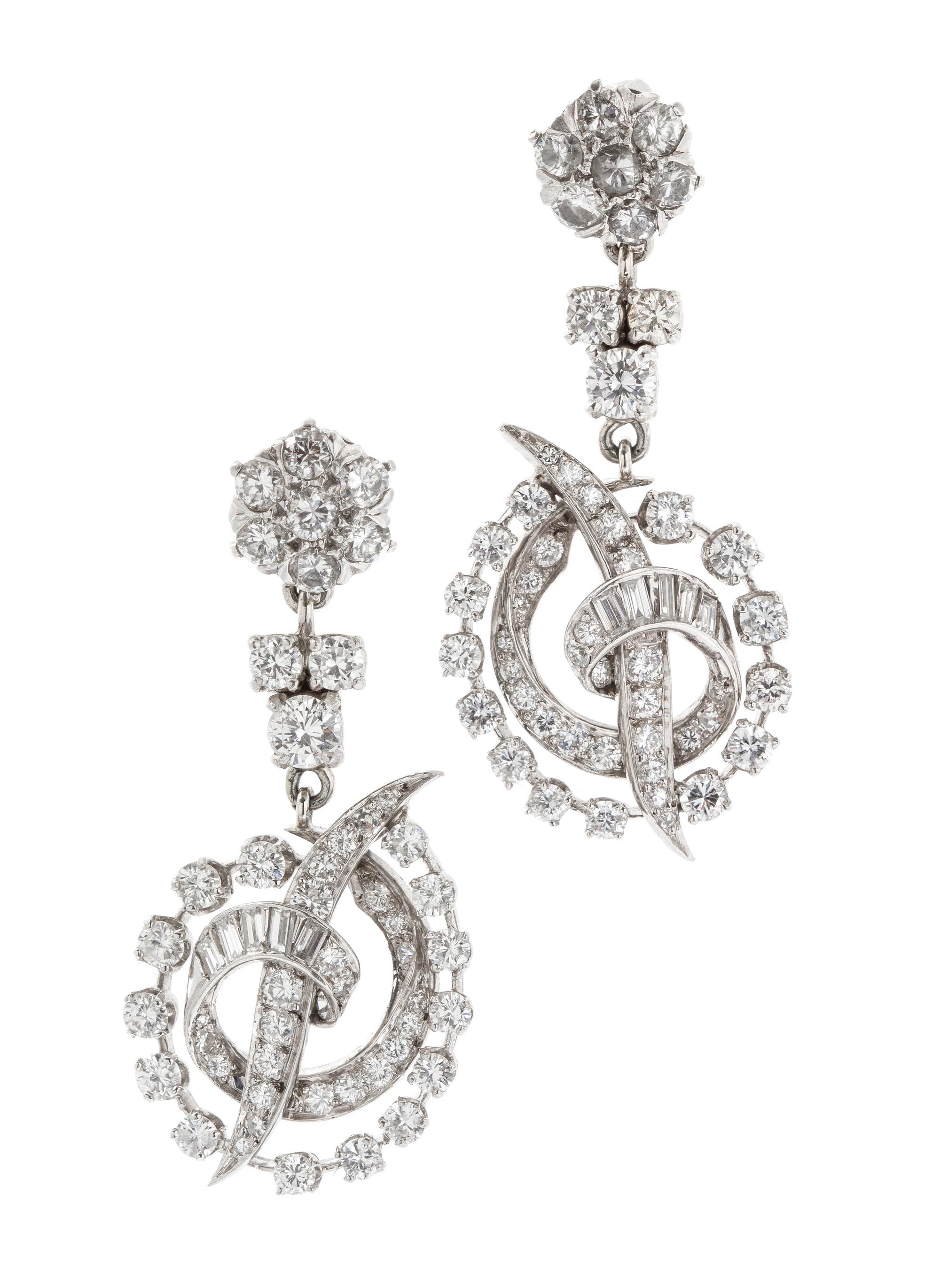 A Pair of Vintage Platinum and Diamond Earrings, Circa 1940-1950's, 11.10 dwts.