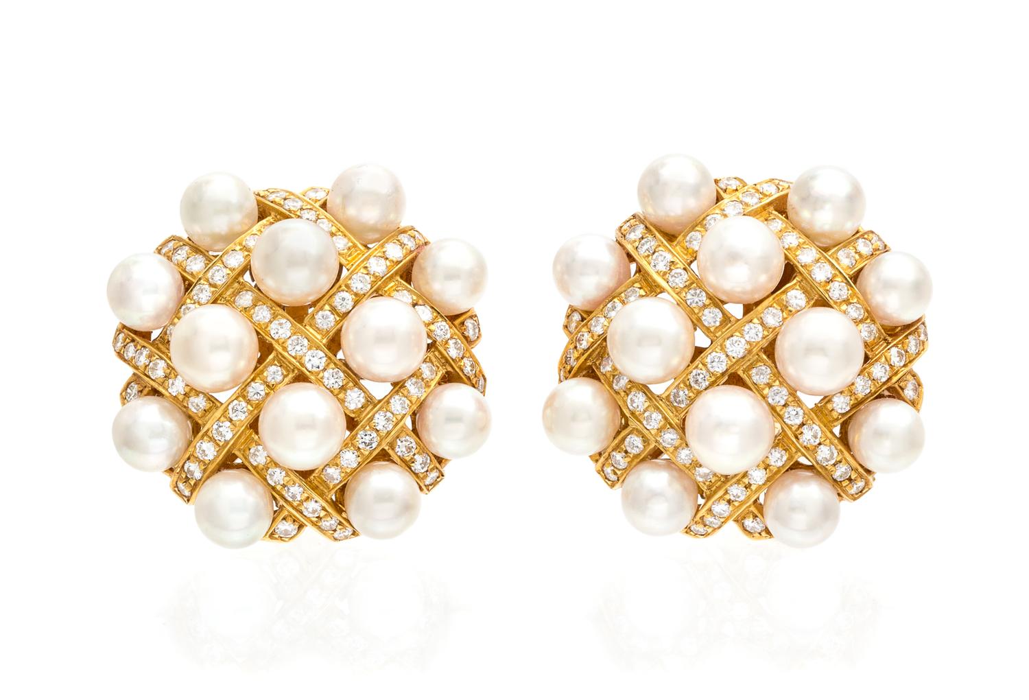 A Pair of 18 Karat Yellow Gold, Cultured Pearl, and Diamond Earclips, 27.60 dwts.