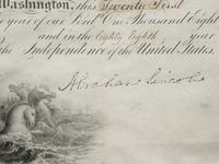 LINCOLN, Abraham. Partially-engraved document signed ("Abraham Lincoln") as President, countersigned by Secretary of the navy Gideon Welles, 21 April 1864.
