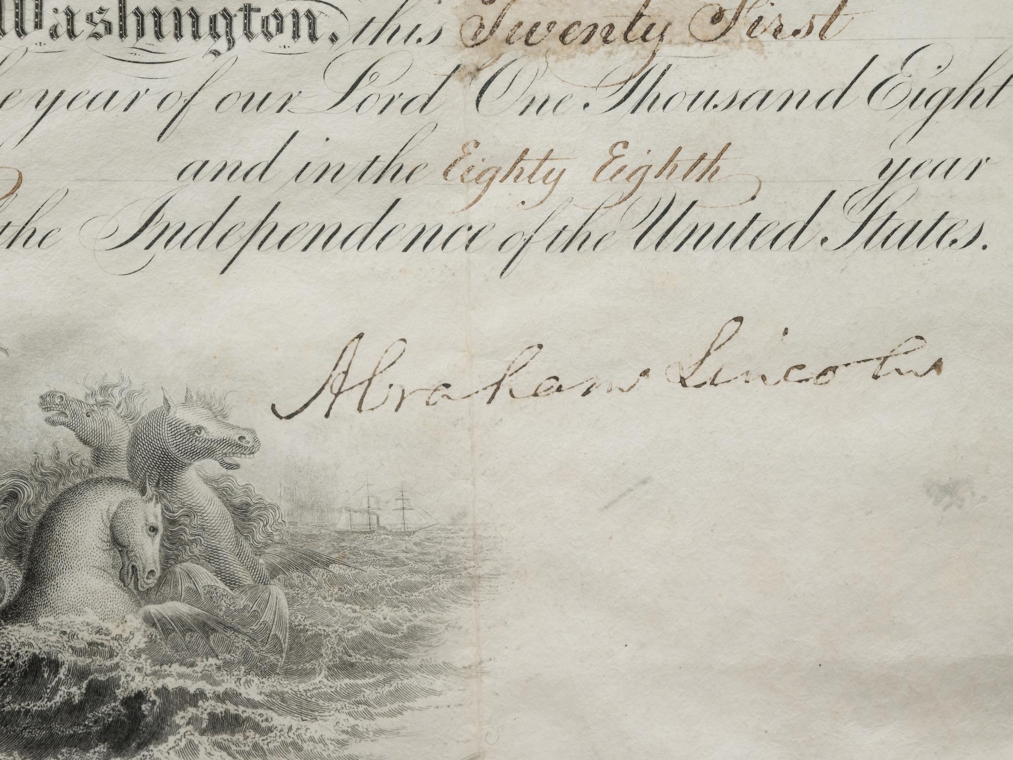 LINCOLN, Abraham. Partially-engraved document signed ("Abraham Lincoln") as President, countersigned by Secretary of the navy Gideon Welles, 21 April 1864.