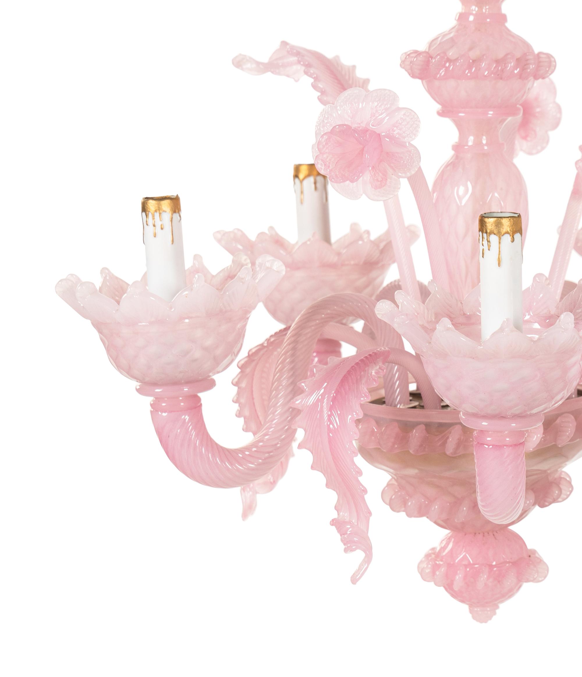 A Murano Pink Glass Five-Light Chandelier