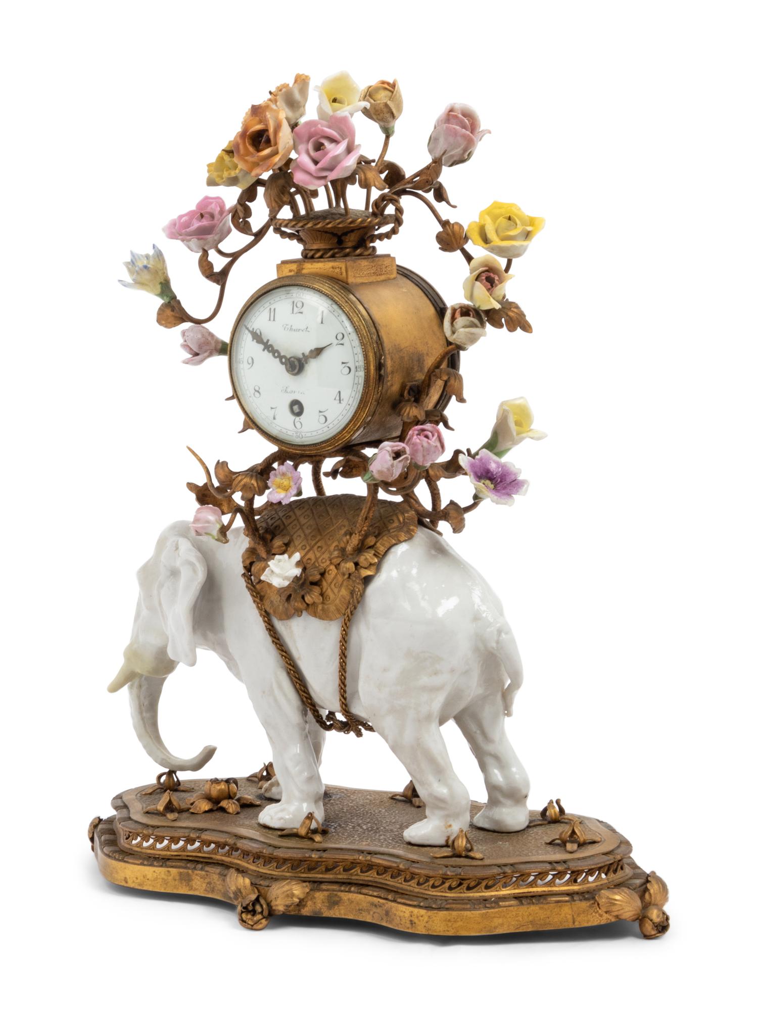 A French Gilt Metal Mounted Porcelain Elephant-Form Clock