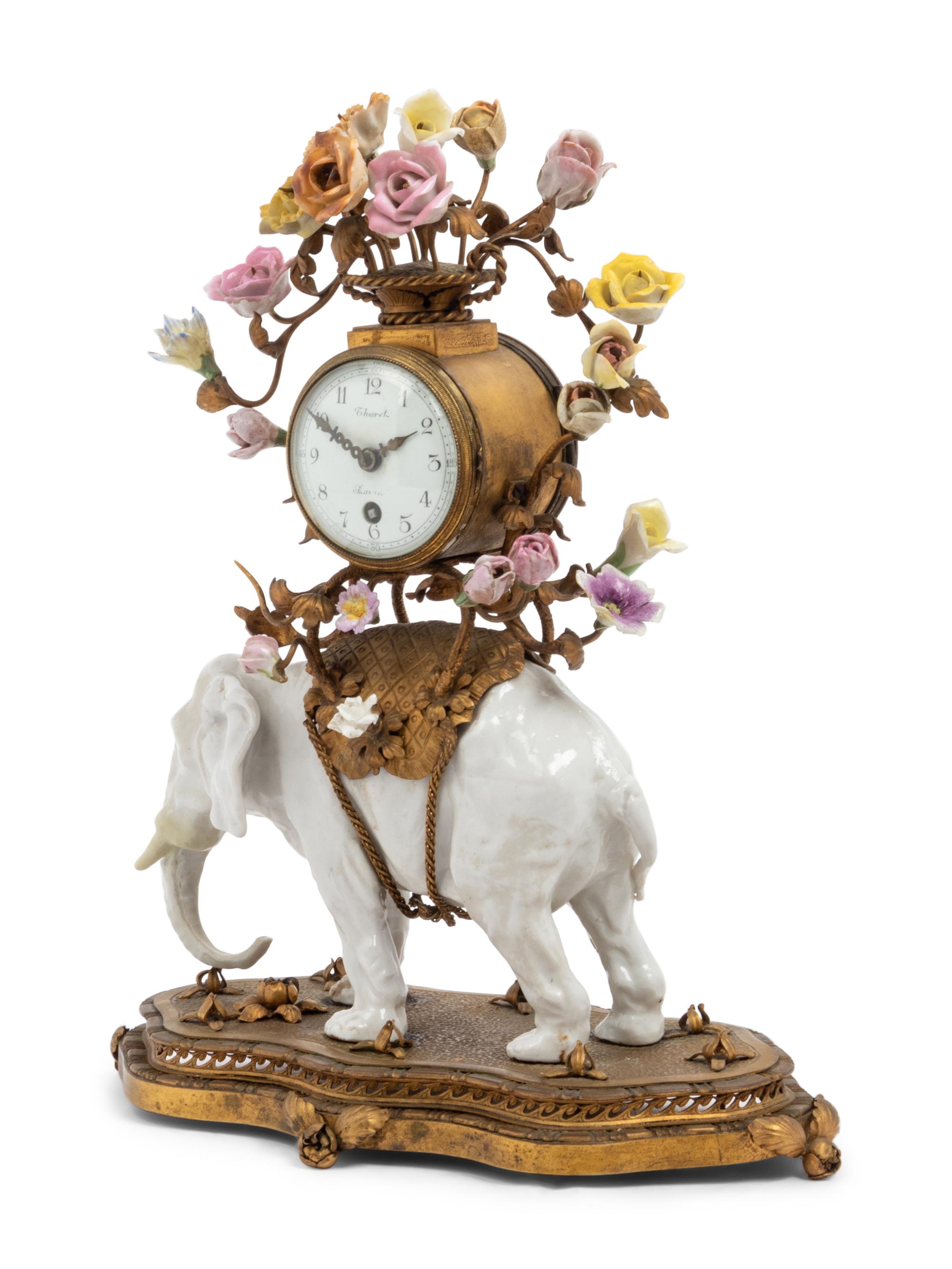 A French Gilt Metal Mounted Porcelain Elephant-Form Clock
