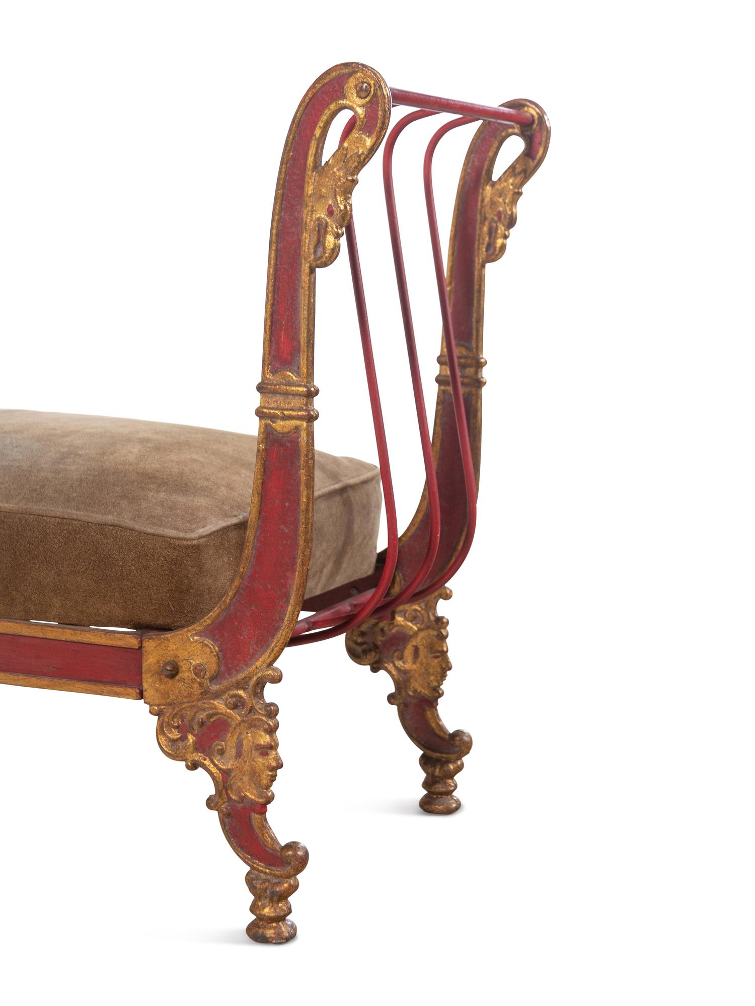 An Empire Style Painted and Parcel Gilt Metal Bench