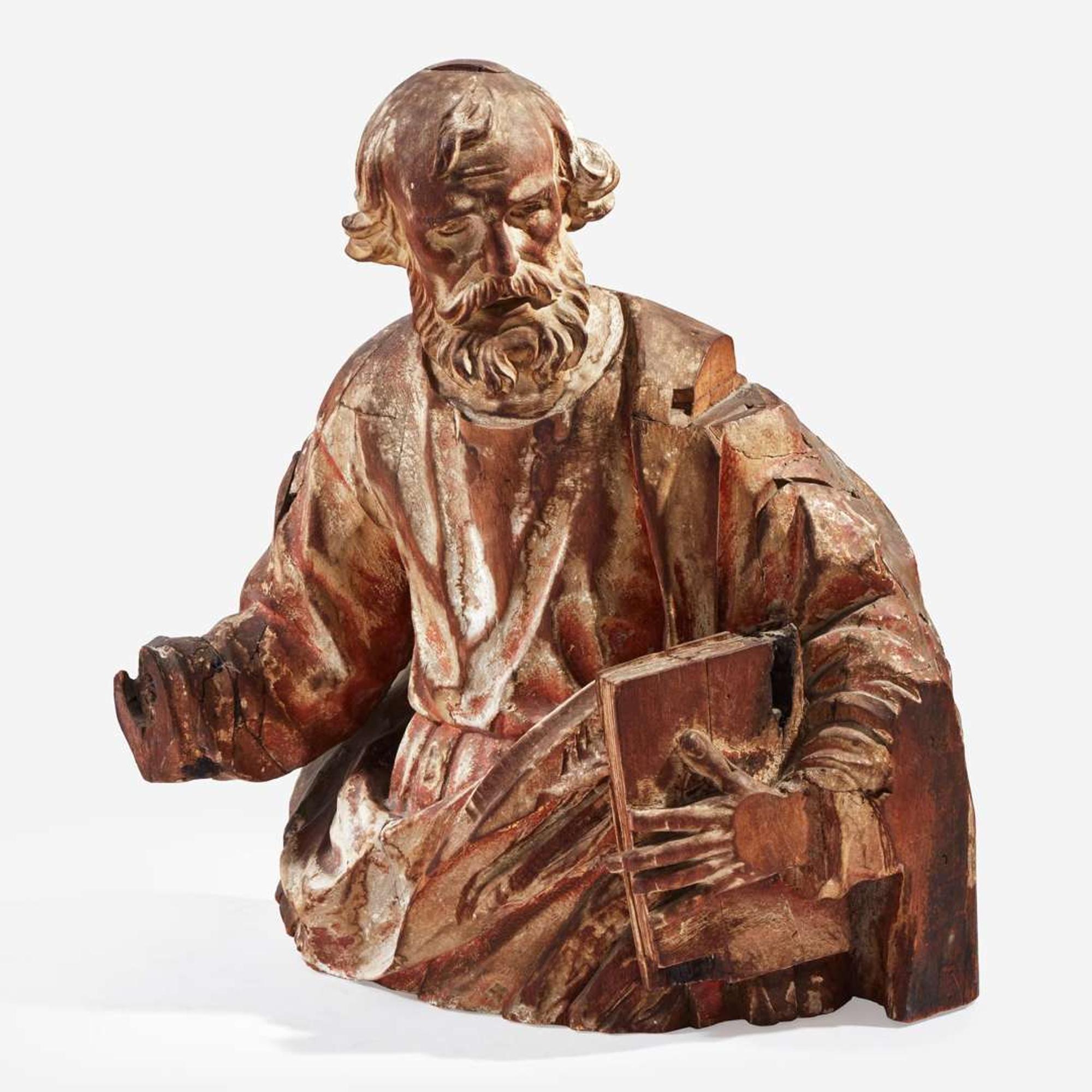A Polychromed Parcel Gilt Carved Wood Bust of Saint Paul probably German, 16th/17th century