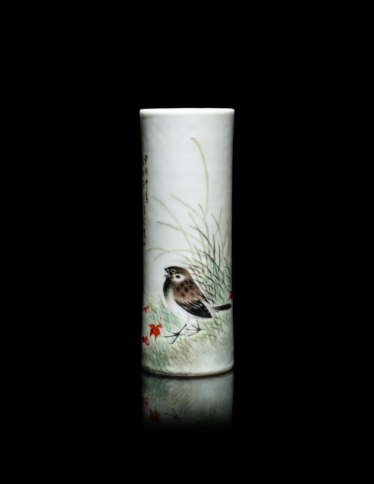 A Chinese Famille Rose Porcelain Brushpot by Liu Yucen (1904-1969)