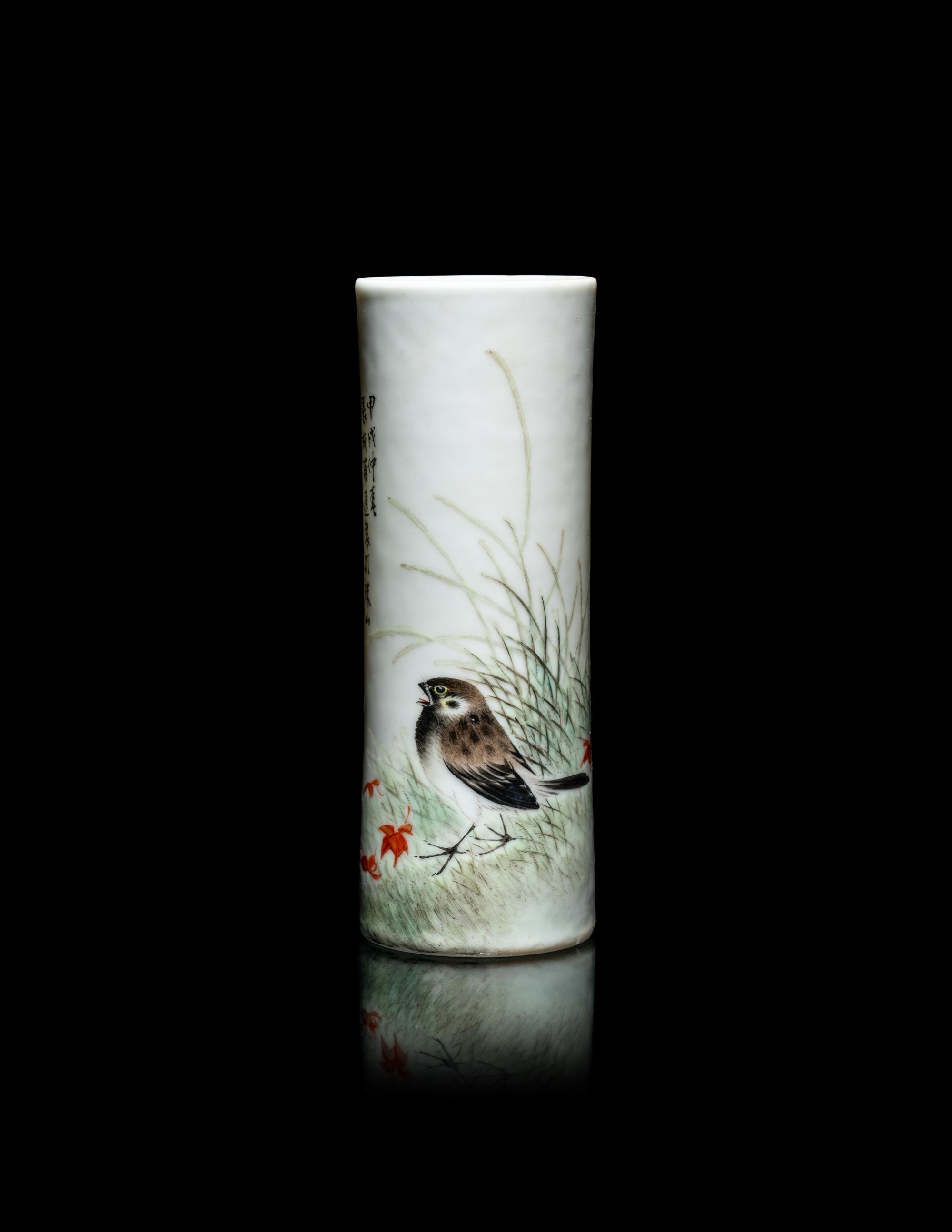 A Chinese Famille Rose Porcelain Brushpot by Liu Yucen (1904-1969)