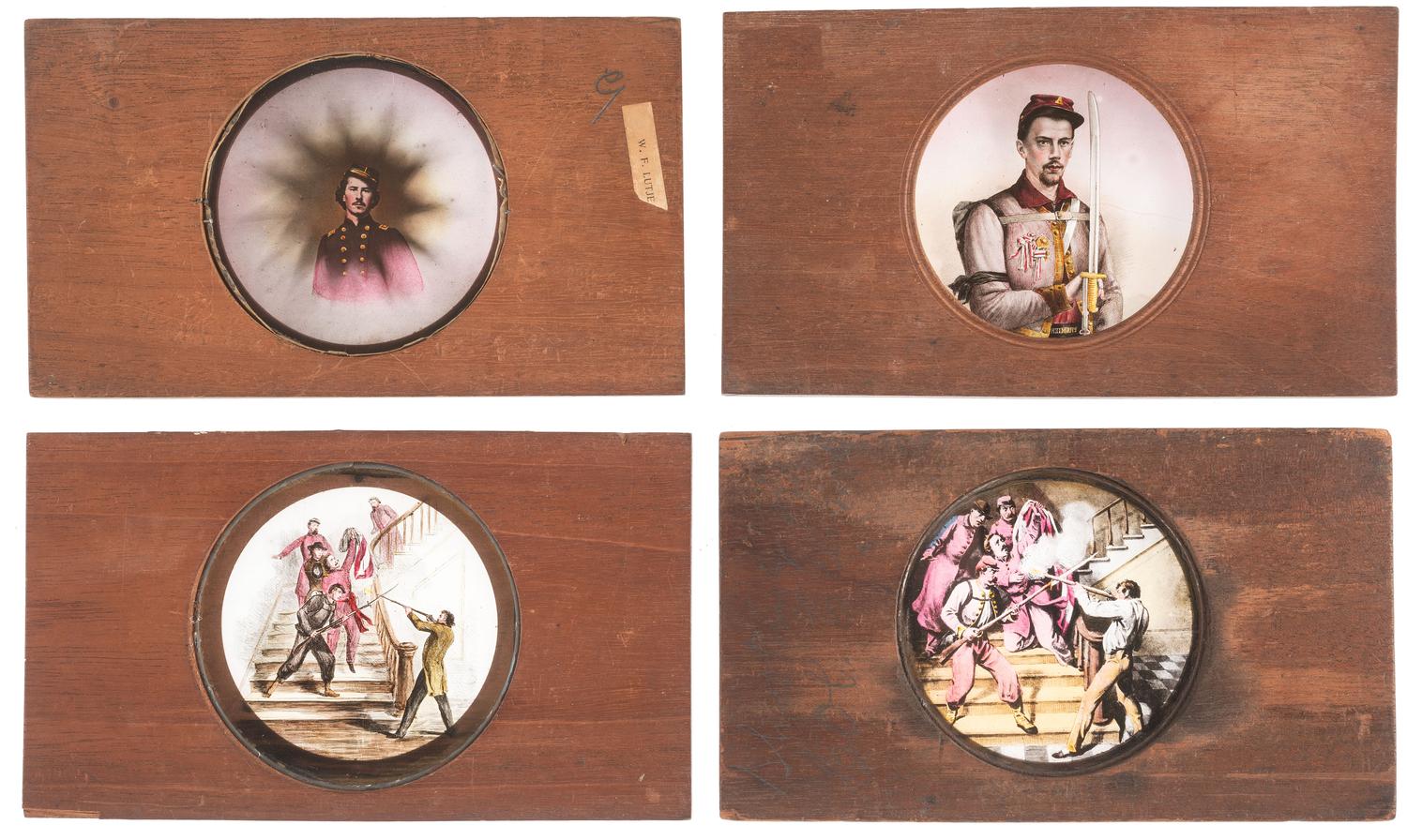 [CIVIL WAR - MAGIC LANTERN SLIDES]. A collection of 148 hand-colored glass slides featuring illustrations of Civil War military and political figures, events, cartoons, genre scenes, and more, including: