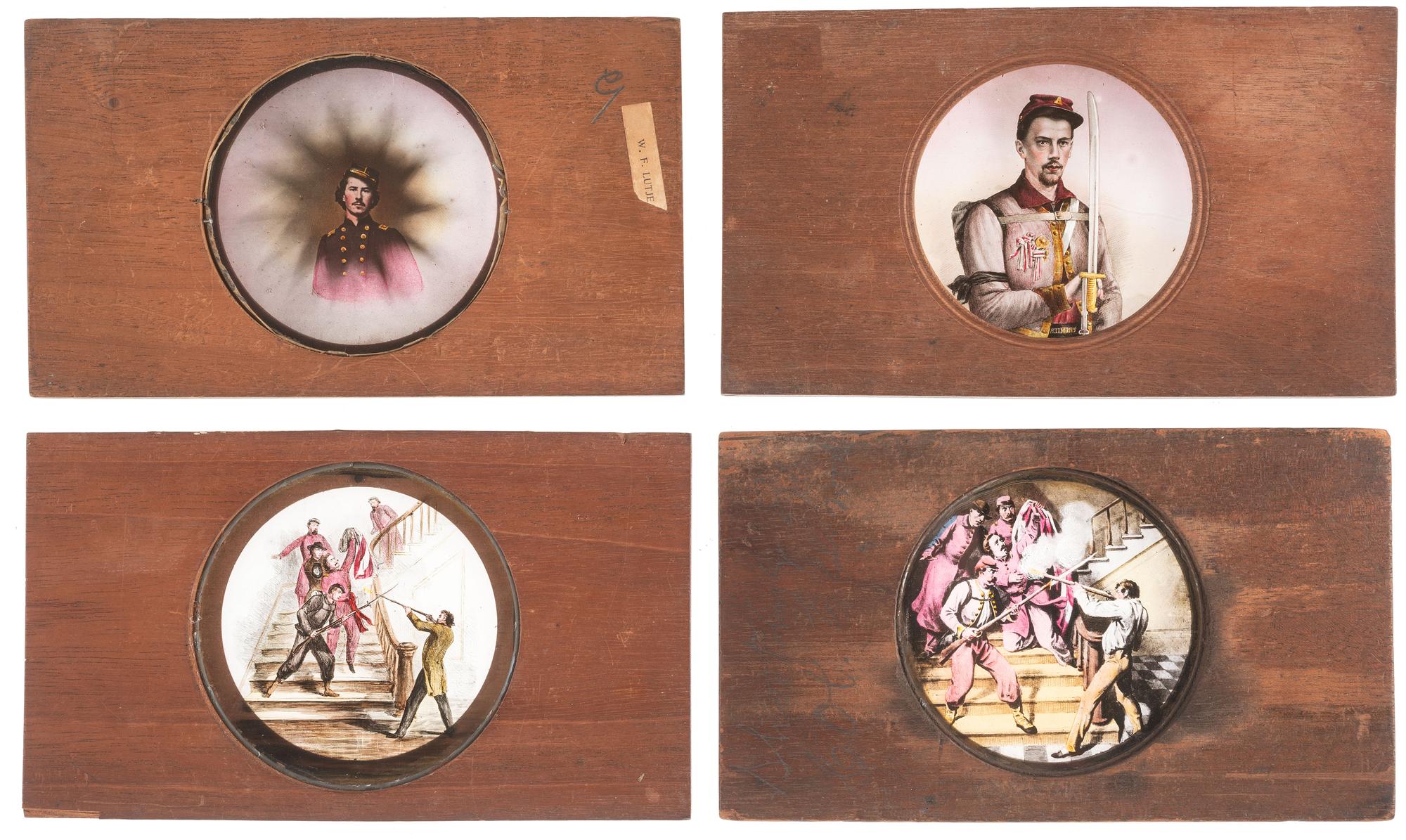 [CIVIL WAR - MAGIC LANTERN SLIDES]. A collection of 148 hand-colored glass slides featuring illustrations of Civil War military and political figures, events, cartoons, genre scenes, and more, including: