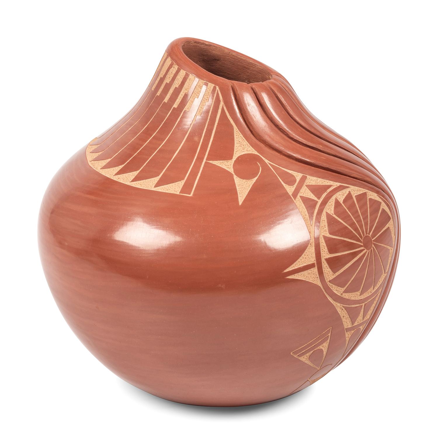 Carved Redware Pottery Vase, with Sgraffito