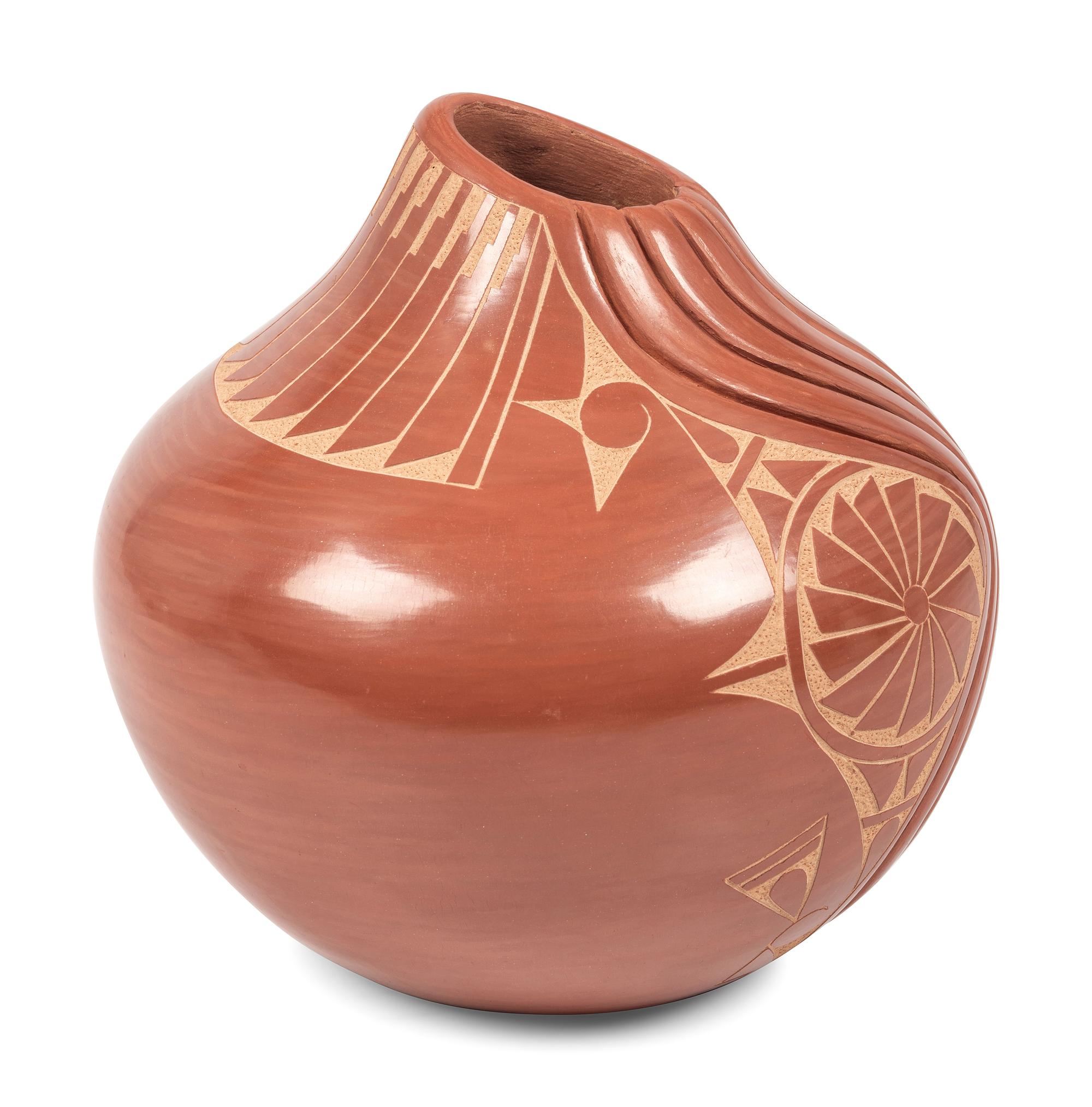 Carved Redware Pottery Vase, with Sgraffito