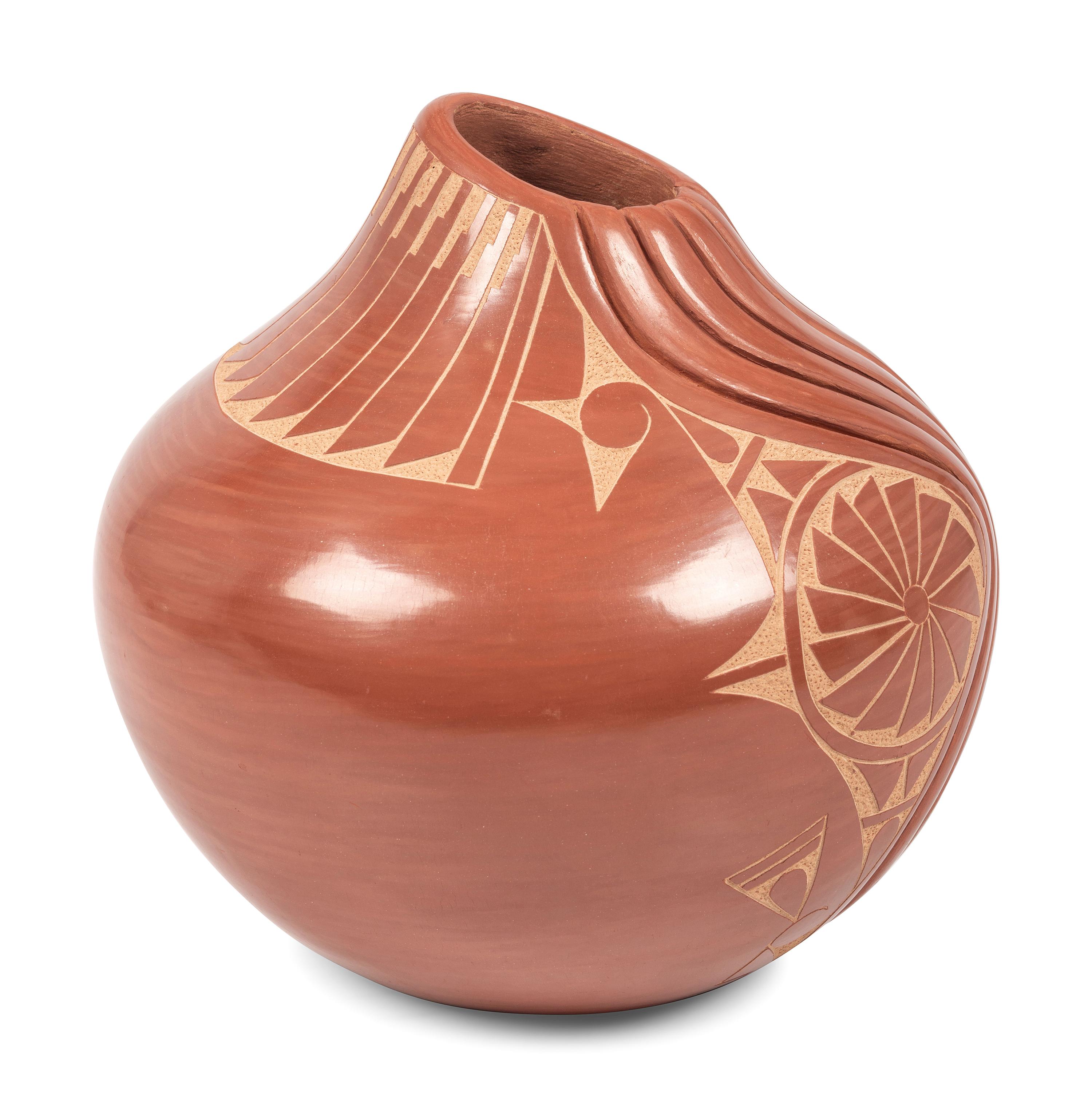 Carved Redware Pottery Vase, with Sgraffito