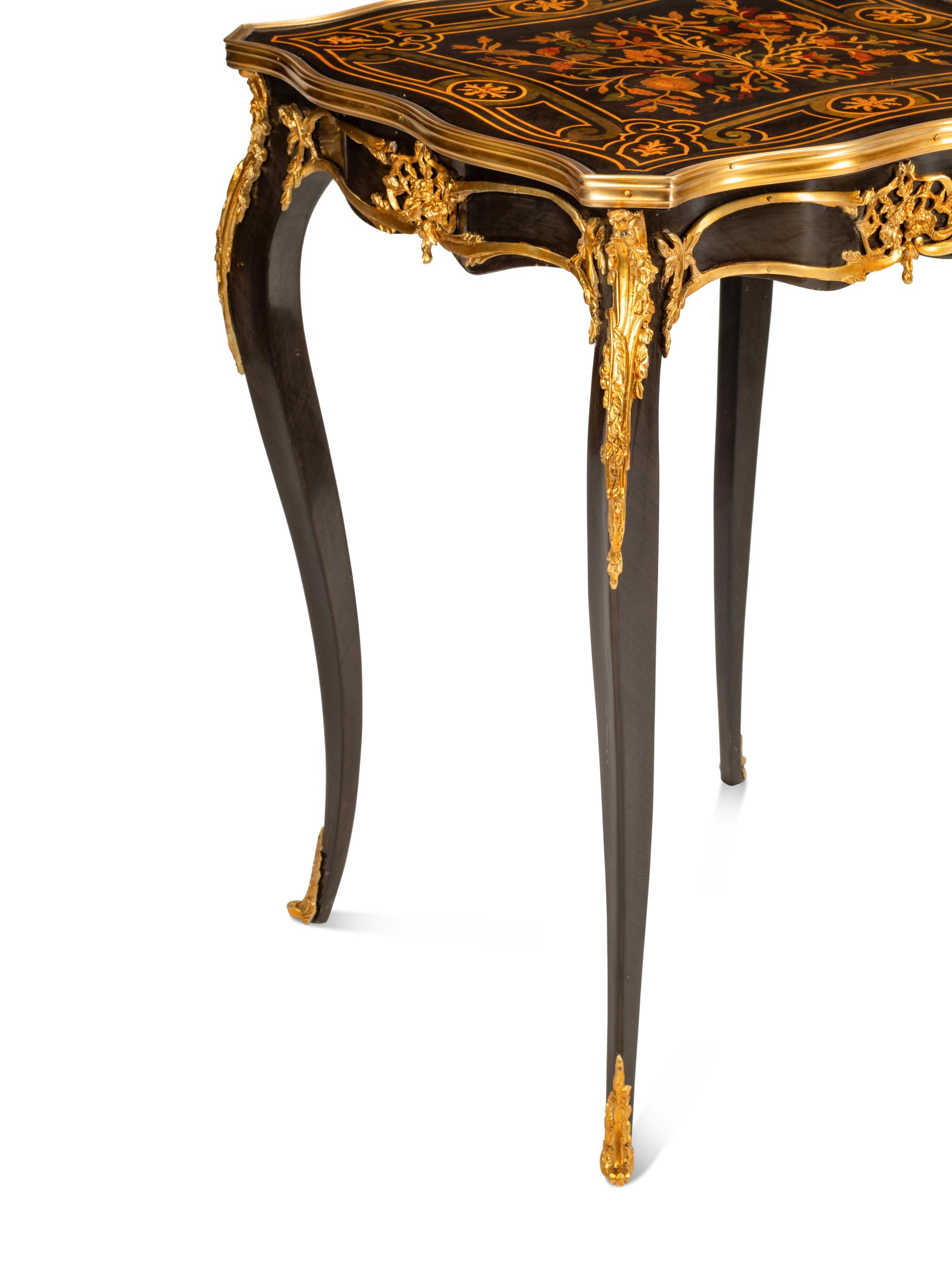 A Pair of Louis XV Style Gilt Bronze Mounted Marquetry Side Tables