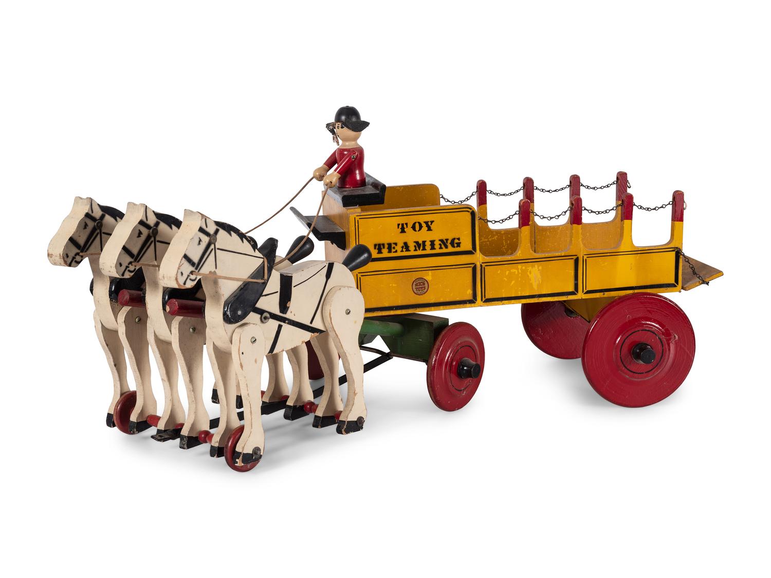 Two Rich Toys Painted Wood Three-Horse Team Wagons