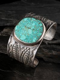 Wide and Heavily Stamped Man's Cuff Bracelet, with Large #8 Turquoise Cabochon