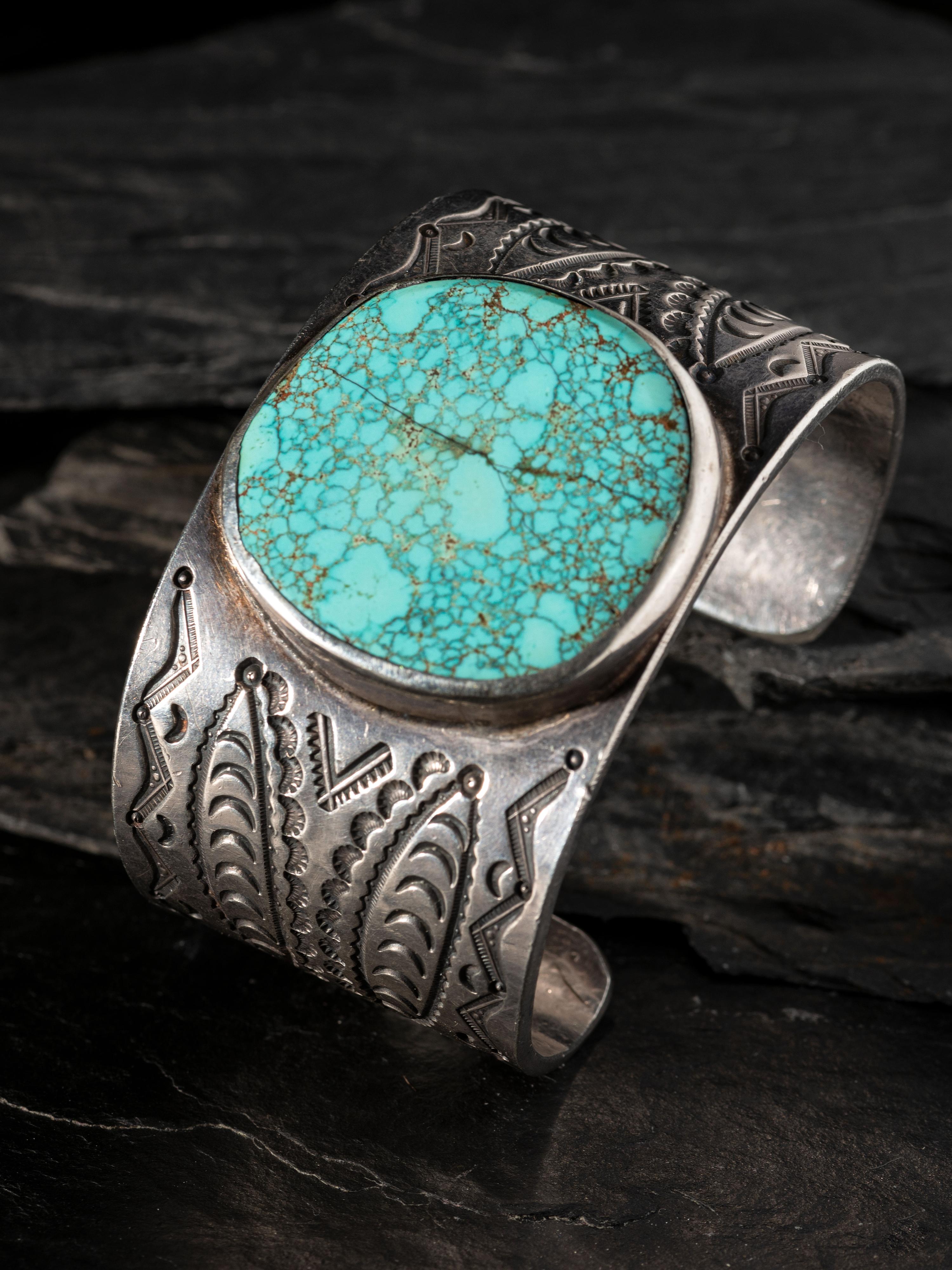 Wide and Heavily Stamped Man's Cuff Bracelet, with Large #8 Turquoise Cabochon