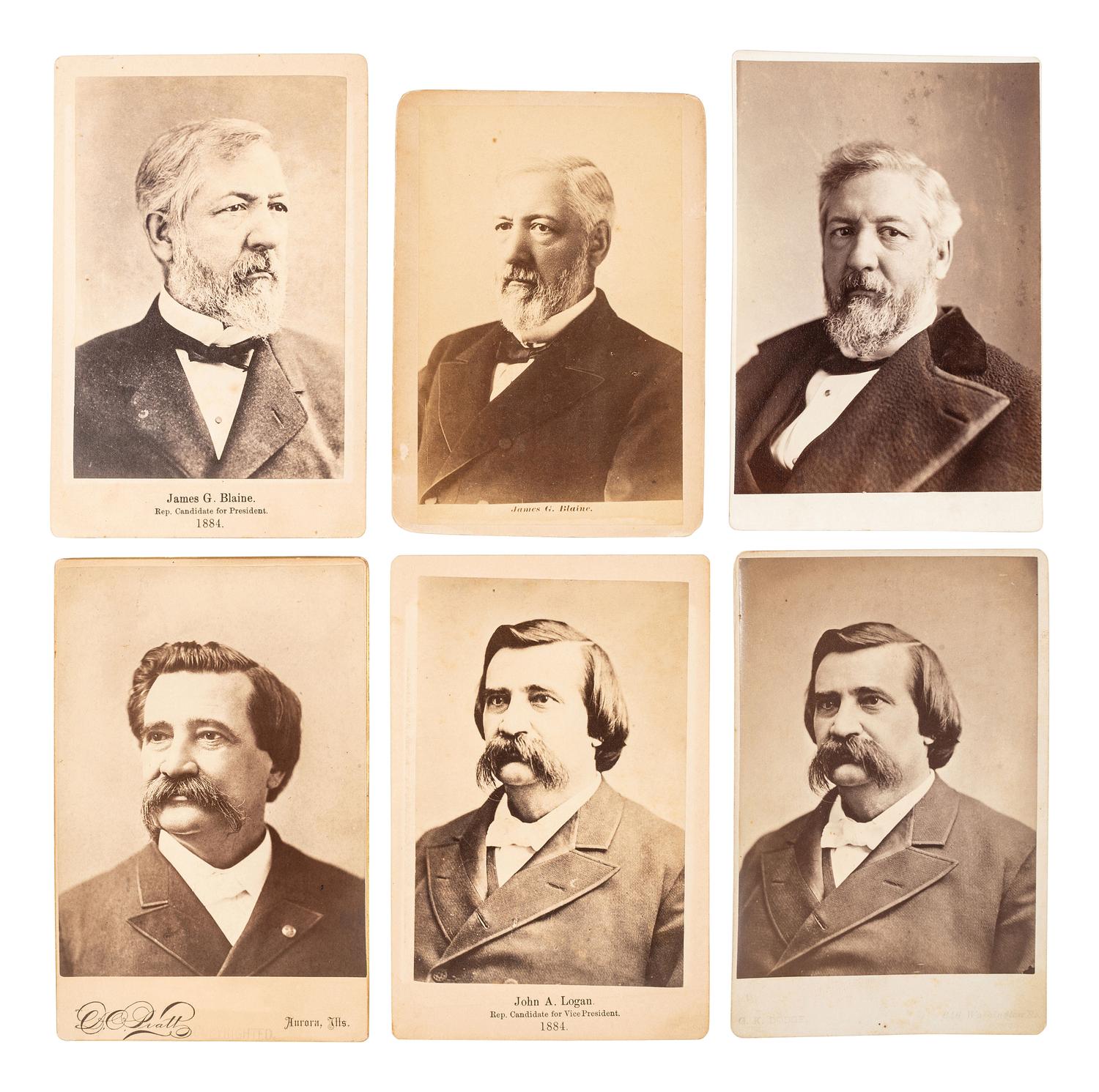 [1884 ELECTION] -- [BLAINE, James G.]. A group of cabinet cards, advertising cards, lithographs, and other ephemera from Blaine's 1884 presidential campaign, comprising: