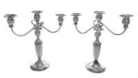 A Pair of American Silver Three-Light Candelabra, Mueck-Carey Co., New York, NY, each having baluster form candle cups with serpentine