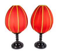 A Pair of Ebonized Base and Red Cocoon Shade Table Lamps — MID-20TH CENTURY