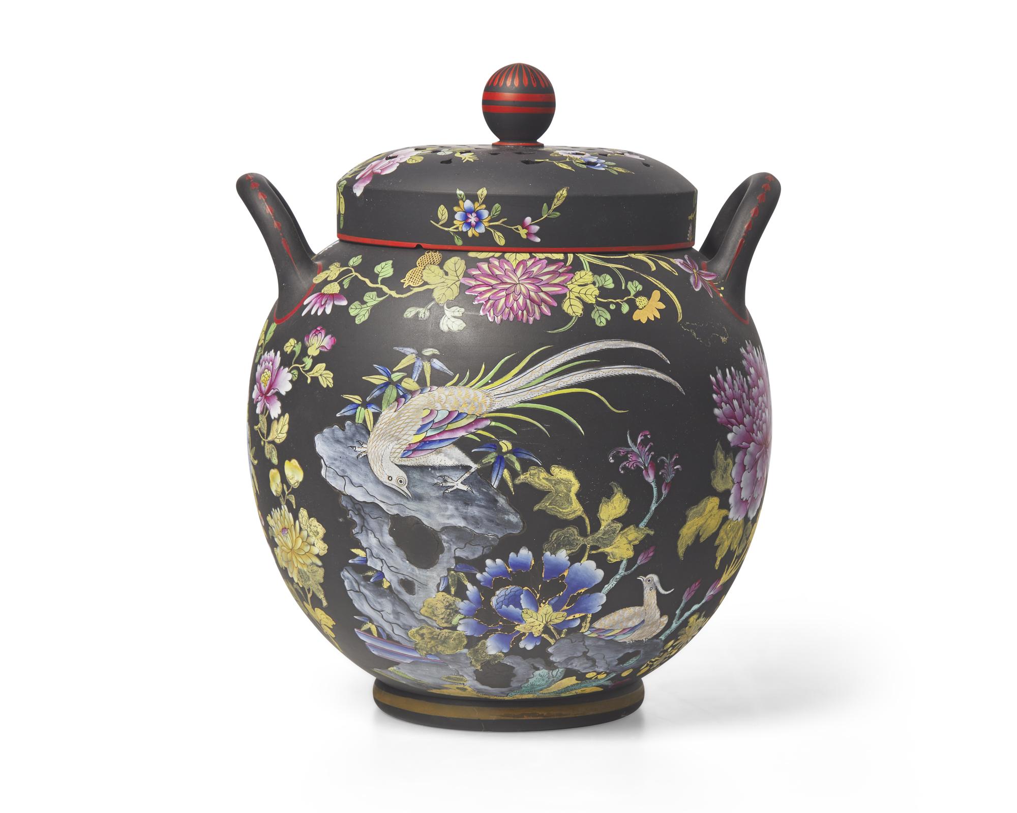 A Wedgwood Polychrome Enameled Black Basalt Potpourri Jar and Cover