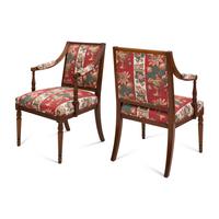 A Pair of Louis XVI Style Fauteuils with Striped Upholstery