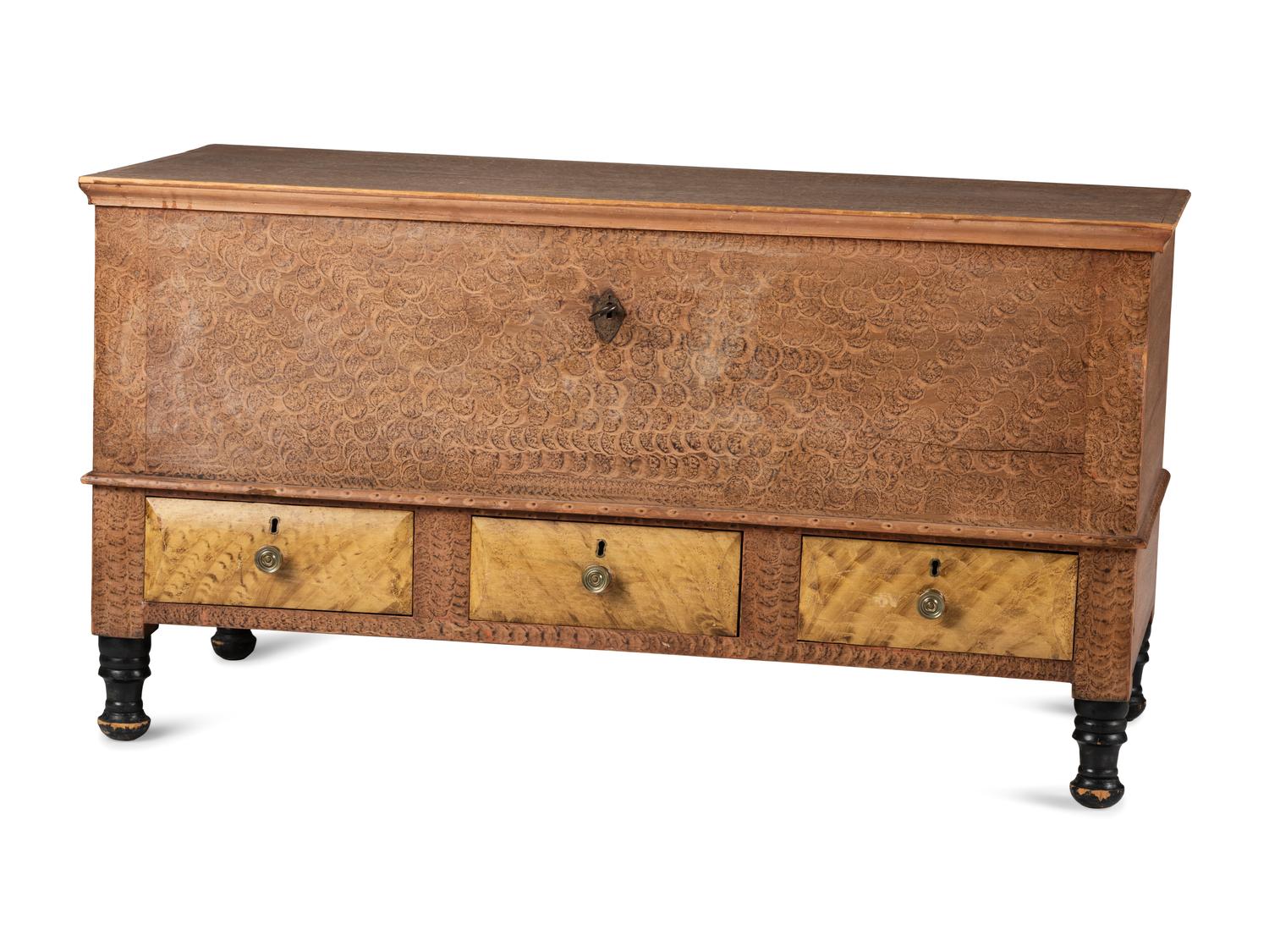 A Grain Paint Decorated and Part Ebonized Three-Drawer Blanket Chest