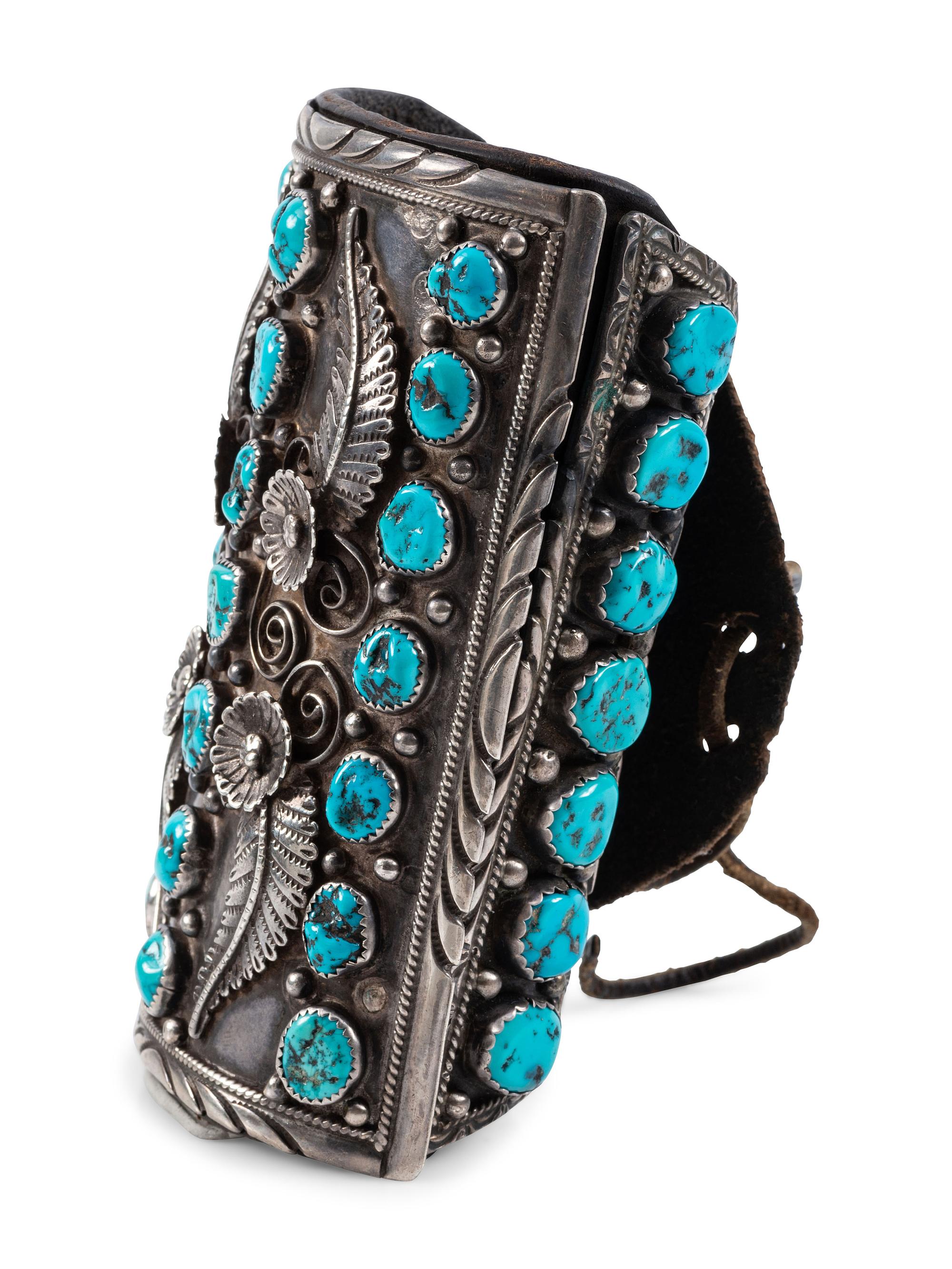 Navajo Silver and Turquoise Ketoh, with Floral and Leaf Silver Applique Accents