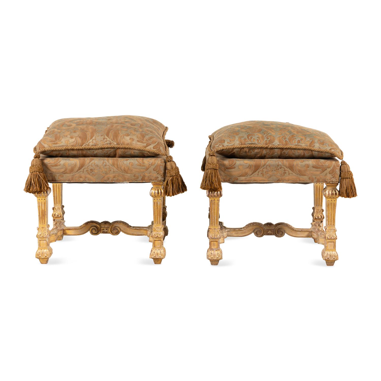 A Pair of Louis XIV Style Giltwood Tabourets with Fortuny Upholstery
