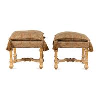 A Pair of Louis XIV Style Giltwood Tabourets with Fortuny Upholstery
