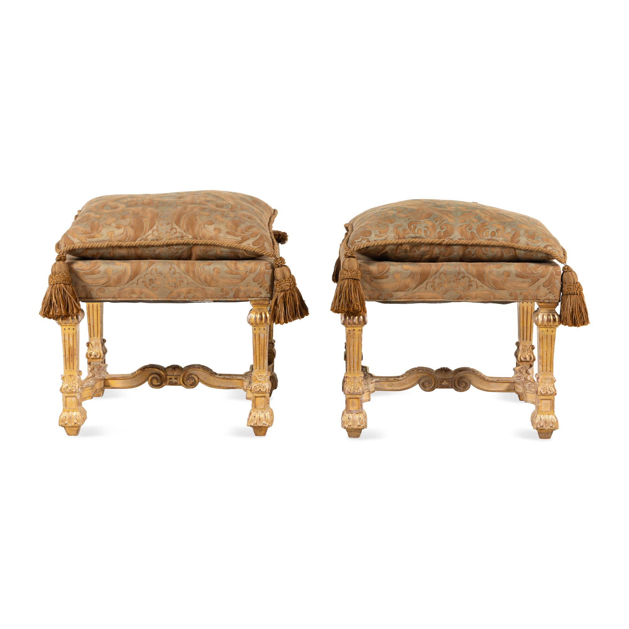 A Pair of Louis XIV Style Giltwood Tabourets with Fortuny Upholstery