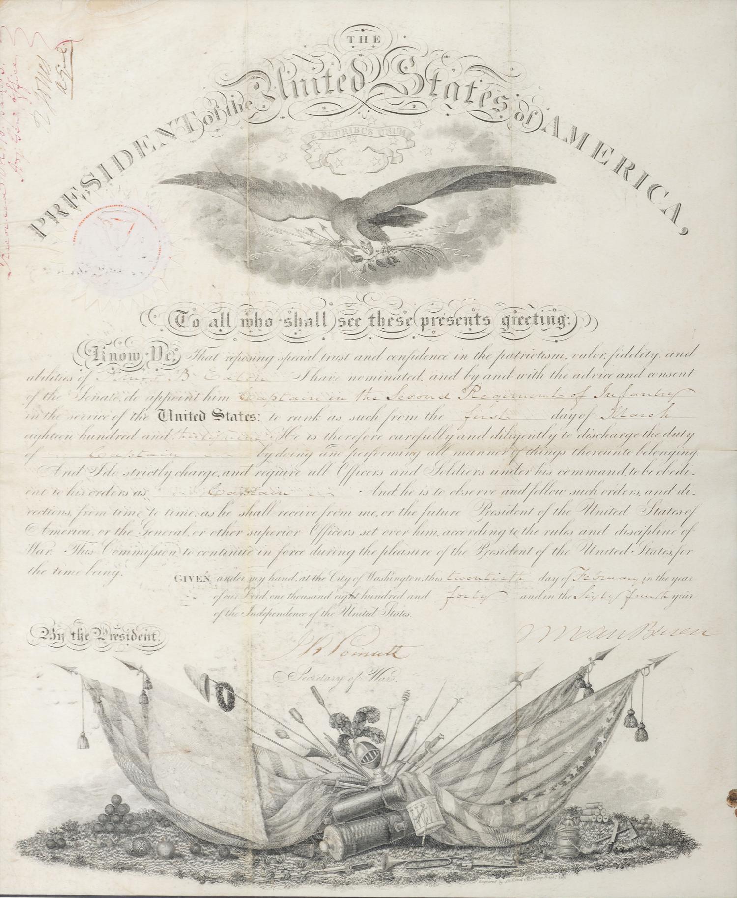 VAN BUREN, Martin (1782-1862). Partly-printed document signed ("M. Van Buren"), as President, countersigned by Joel R. Poinsett as Secretary of War, 20 February 1840.