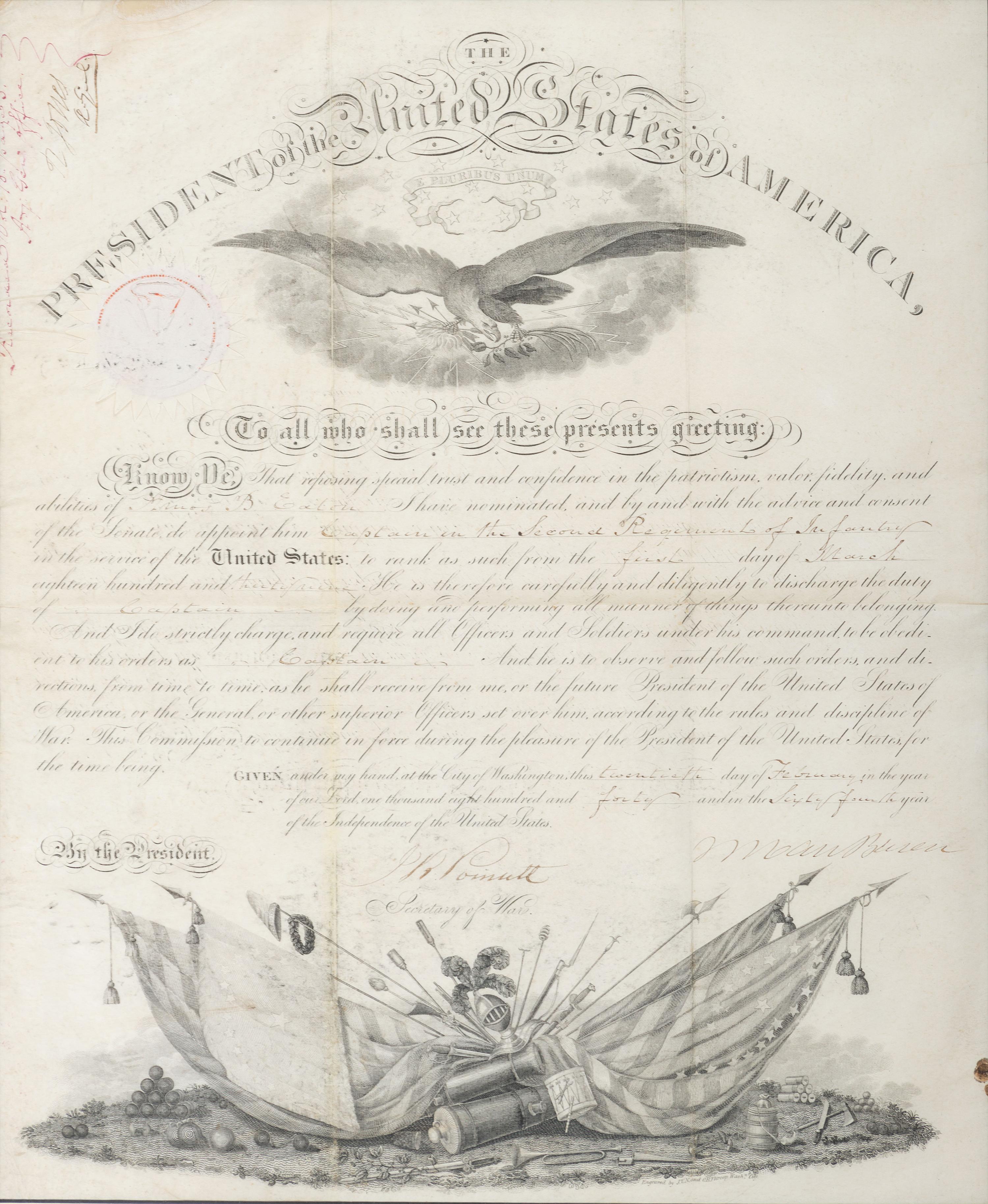 VAN BUREN, Martin (1782-1862). Partly-printed document signed ("M. Van Buren"), as President, countersigned by Joel R. Poinsett as Secretary of War, 20 February 1840.