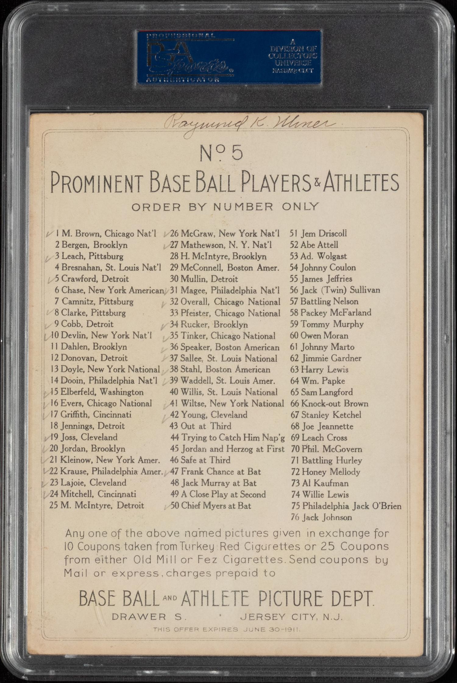 A 1911 T3 Turkey Red Cabinets Sam Crawford Baseball Card (PSA 4MK VG-EX) Checklist Back