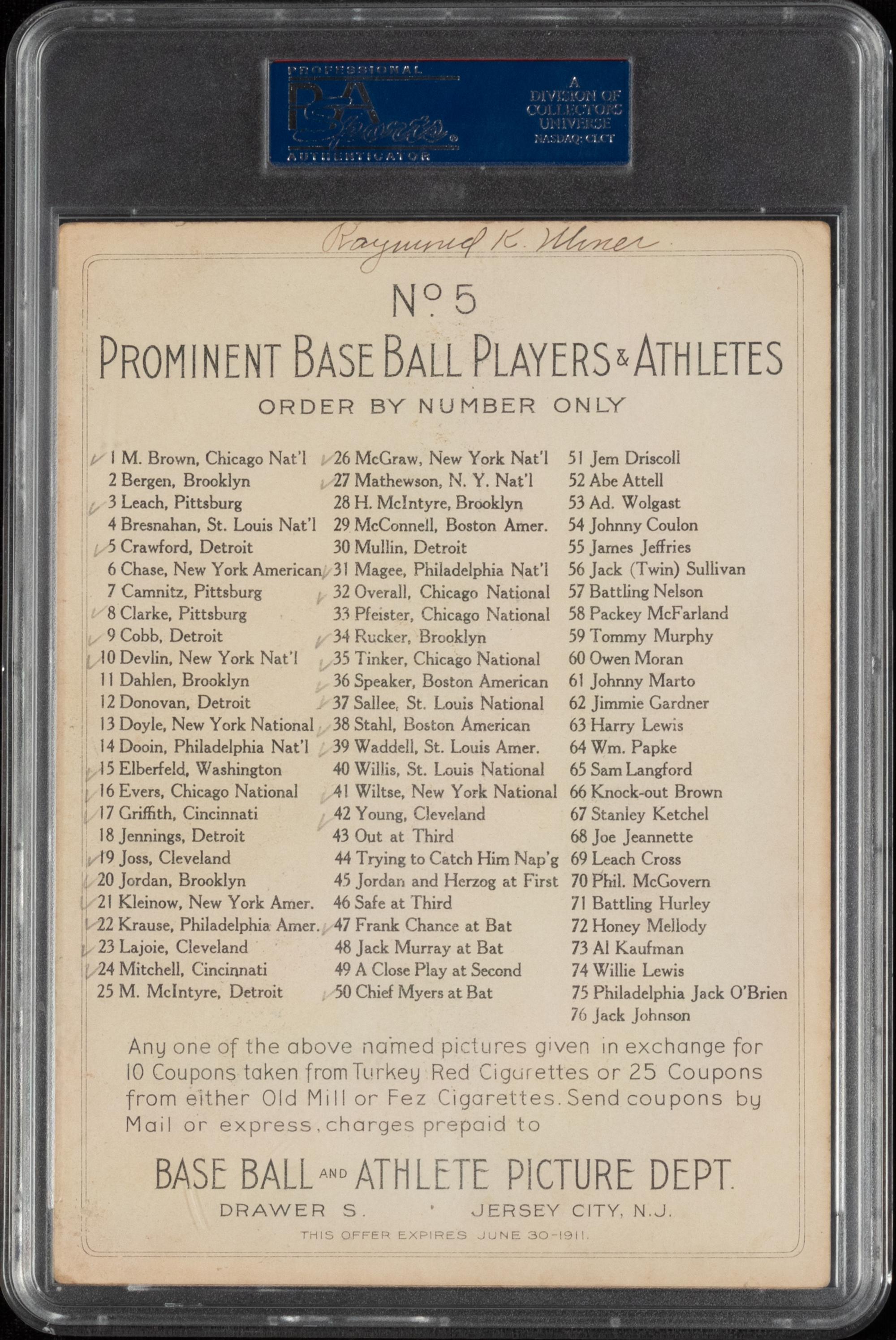 A 1911 T3 Turkey Red Cabinets Sam Crawford Baseball Card (PSA 4MK VG-EX) Checklist Back