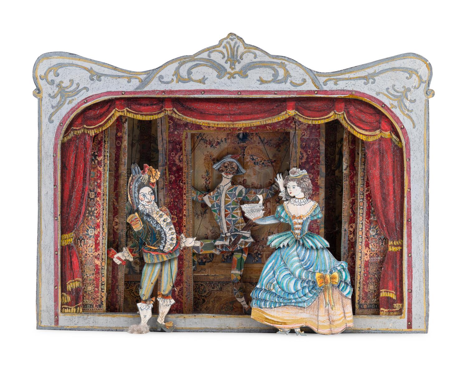 Two Italian Painted and Decoupage Commedia Dell'Arte Dioramas